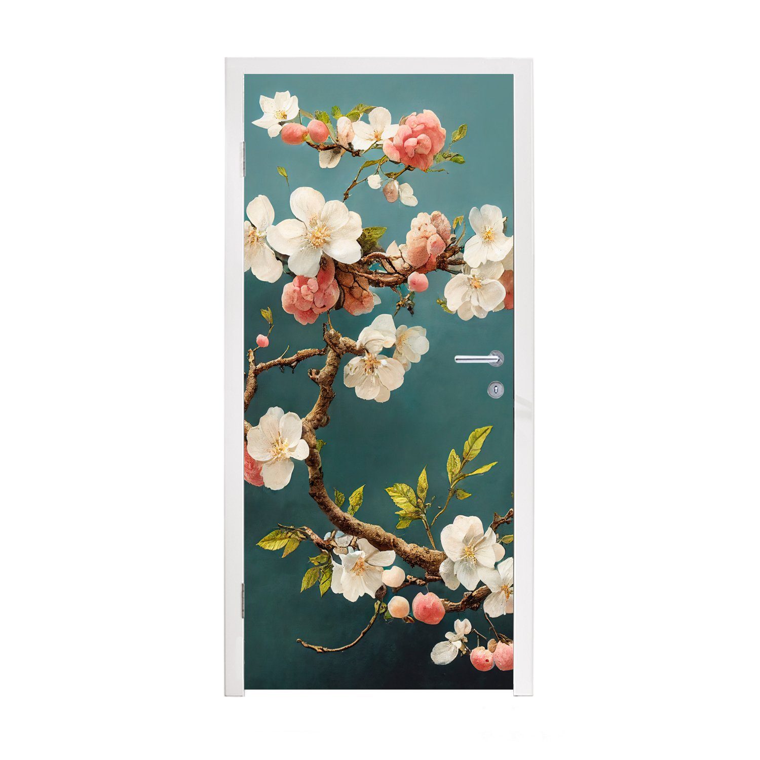 MuchoWow Türtapete Blumen - Kirsche Weiß, St), - bedruckt, - Fototapete Zweig (1 cm 75x205 Tür, - für Türaufkleber, Blüte Matt