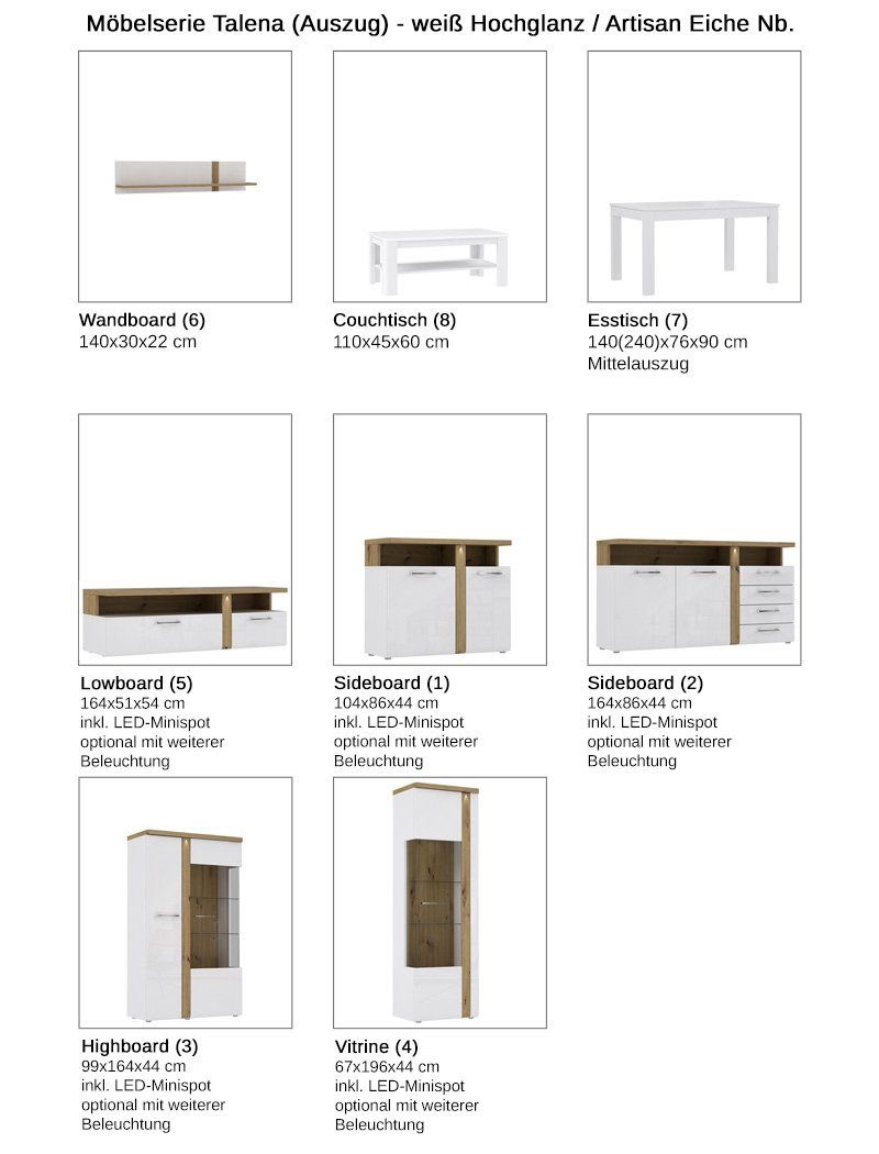 Eiche Hochglanz Wandregal weiß 6, Artisan Talena / expendio cm Nb. 140x30x22