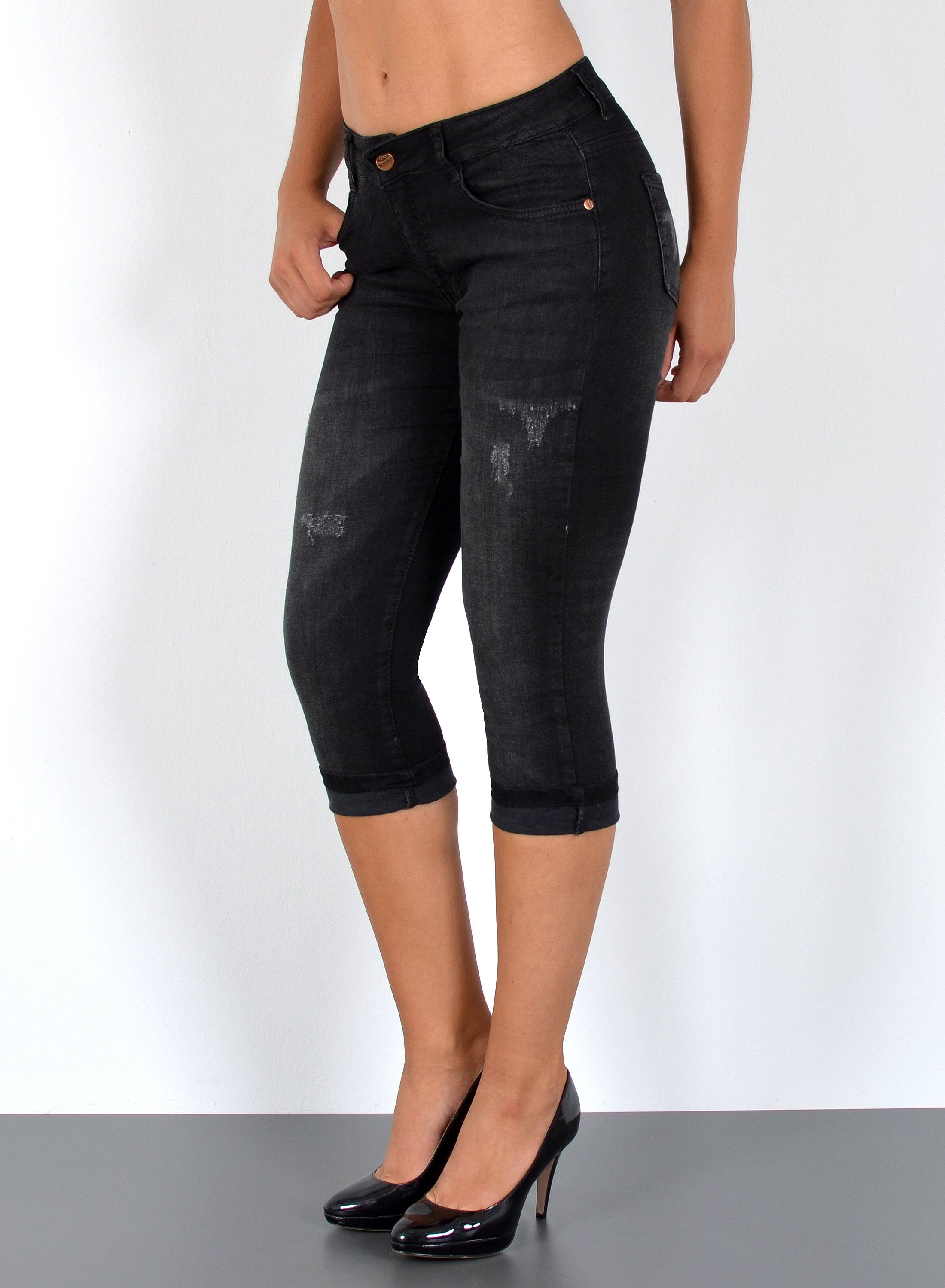 ESRA Caprijeans J374 Damen Capri Jeans High Waist, bis Übergröße / Plussize Größe, Damen Capri Taillenjeans mit hoher Leibhöhe bis übergröße, Damen 3/4 Jeans Hose Hoch Bund, mit Blumen Muster und Rissen, Damen Jeans Caprihose Destroyed