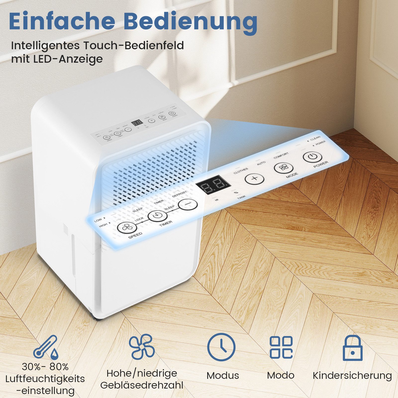 COSTWAY Luftentfeuchter, für 20 m³ Räume, Entfeuchtung 15 l/Tag, Tank 2.5 l