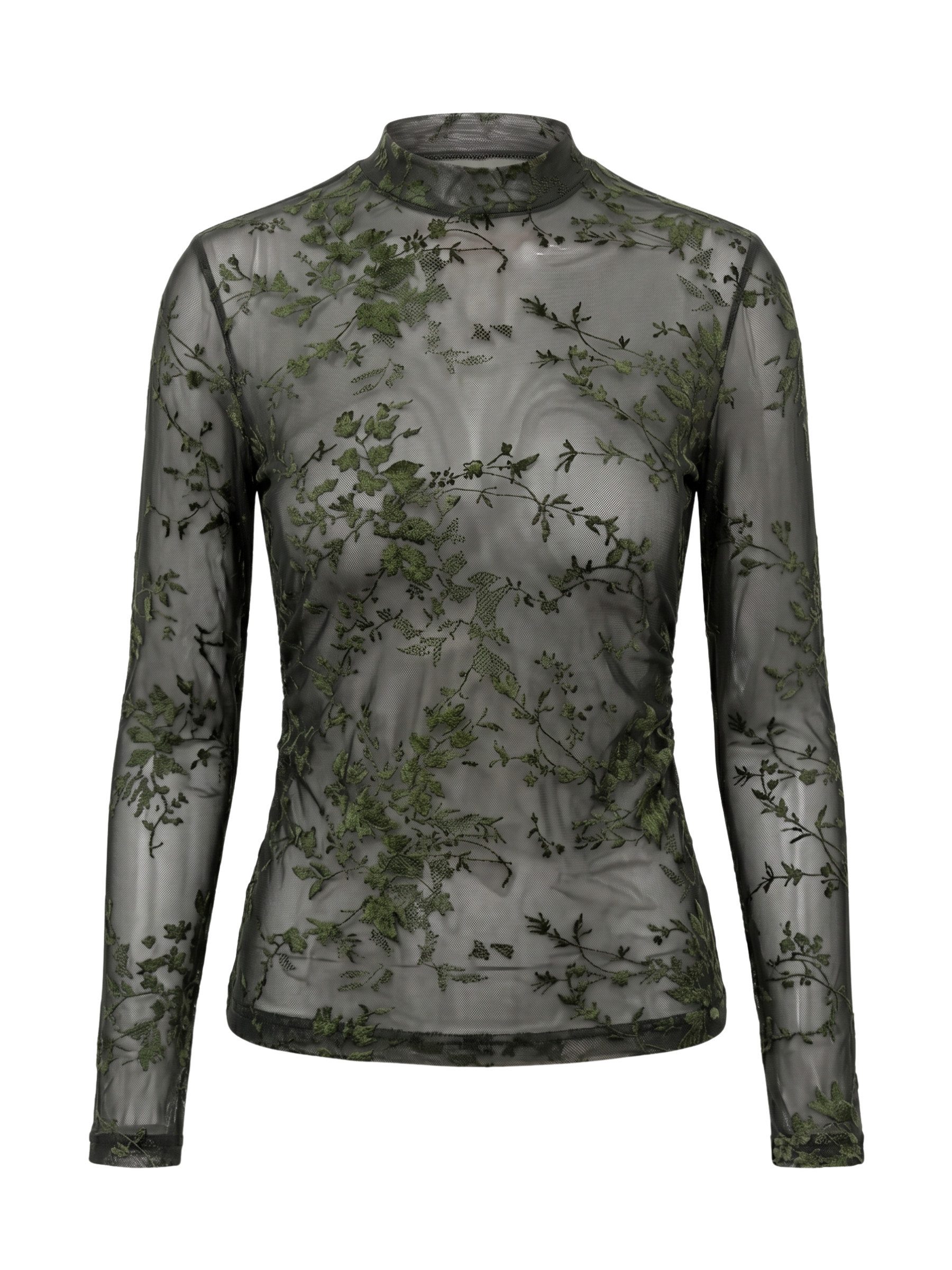 Elegant Love Langarmshirt Durchsichtiges Damen Mesh-Shirt mit floraler Spitze, Party-Top Figurbetontes Ausgeh-Oberteil mit Rundhals für Party & Club