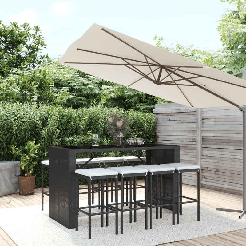 furnicato Garten-Essgruppe 9-tlg. Gartenbar-Set mit Kissen Schwarz Poly Rattan