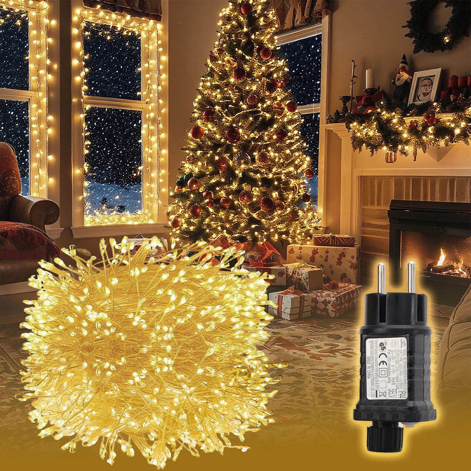 Salcar LED-Lichterkette LED-Lichterkette Aussen Cluster Weihnachtslichterkette Warmweiß, 5M-200 LEDs, 8 Modi, Timer & Memory für Weihnachtsdeko Innen & Außen