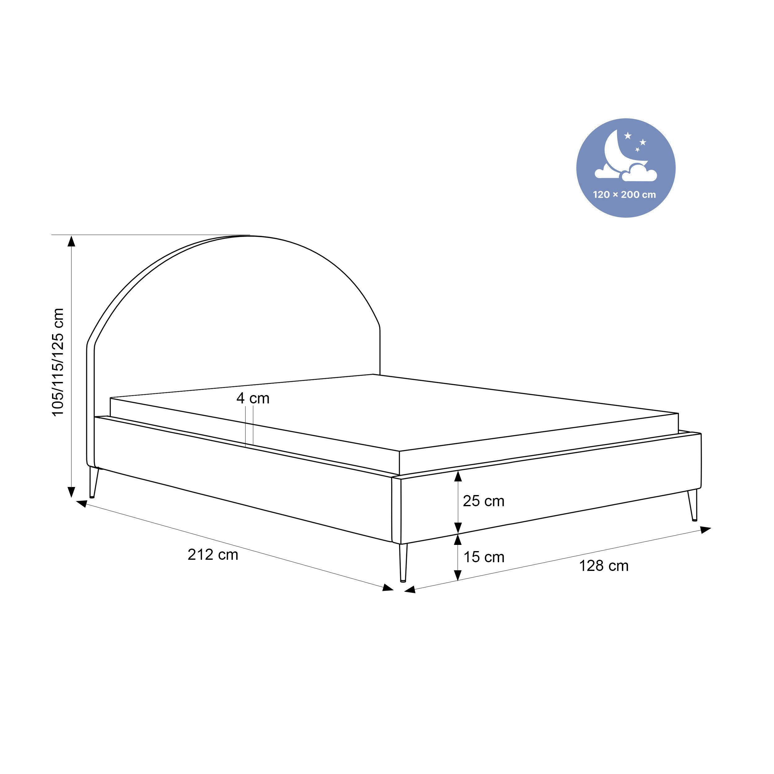 Goldstoff Polsterbett Elegantes Bett mit hohem Kopfteil und stilvollem Stauraum (120–200x200 cm, Kopfteilhöhe: 90/110 cm, Seitenhöhe: 25/40 cm), "CELESTE" – Modernes Komfortbett mit praktischem Stauraum