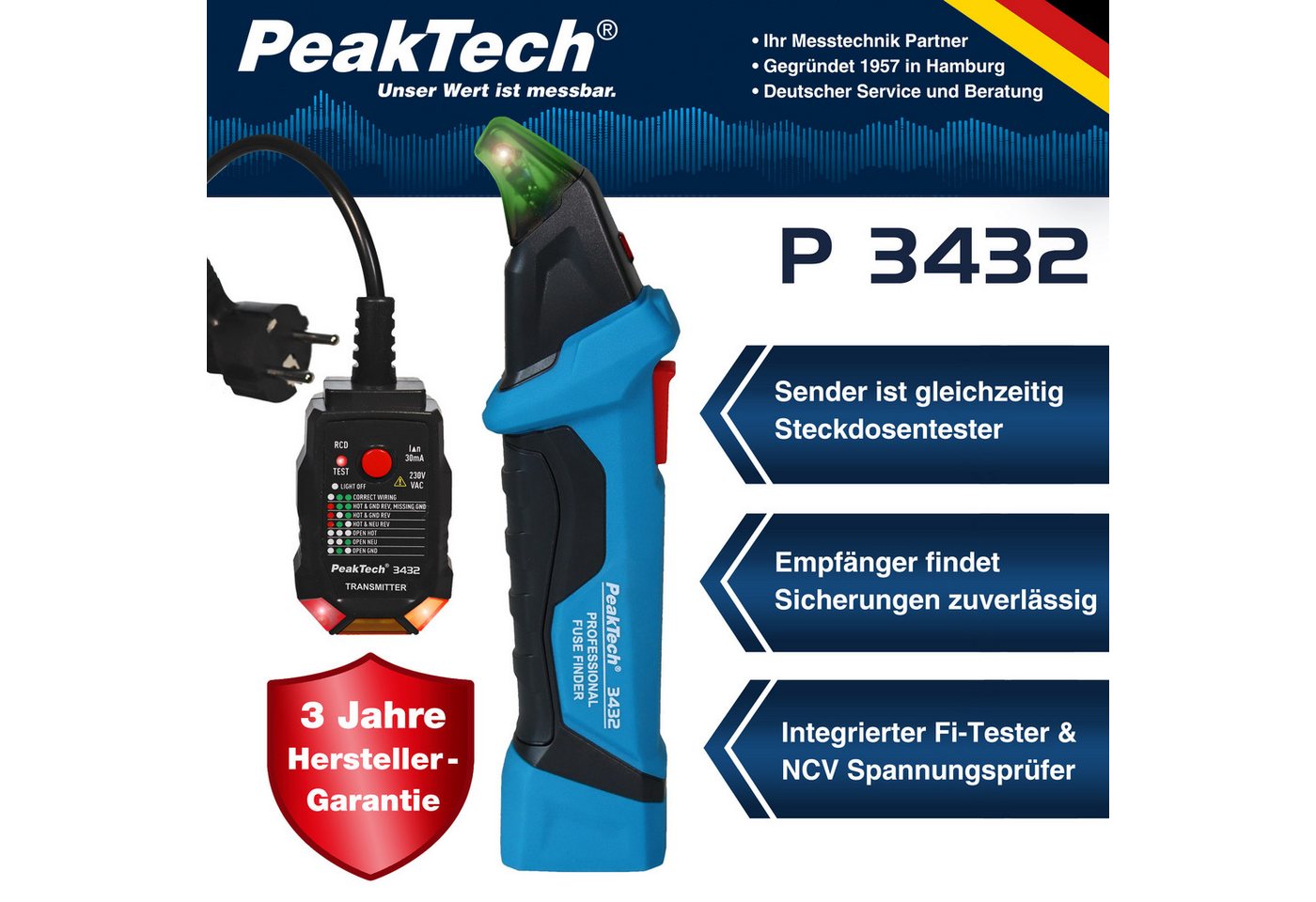 Thumbnail - PeakTech Leitungsortungsgerät PeakTech 3432 - Sicherungsfinder/Stromkreisdetektor + Sender/Empfänger