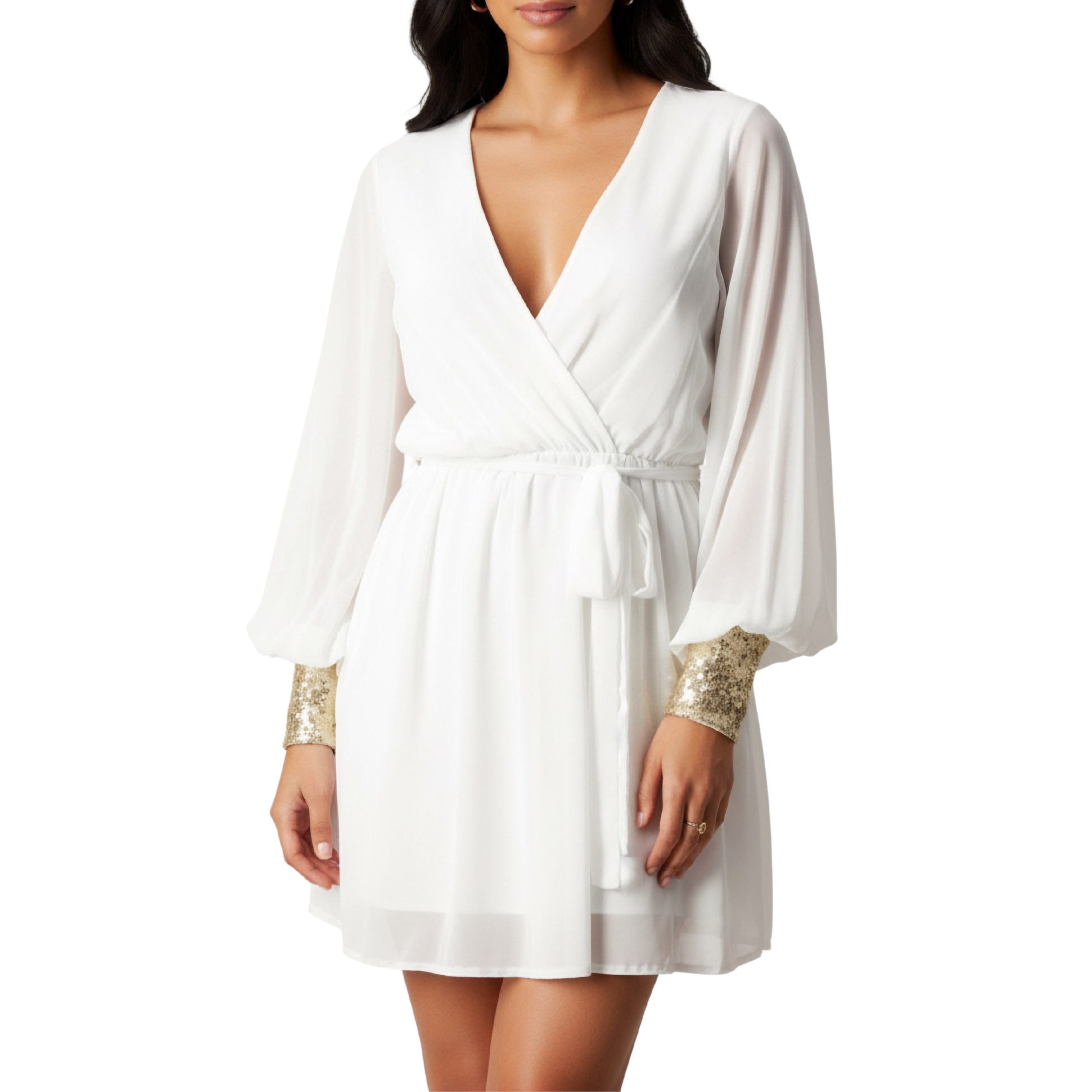 Sarcia.eu Chiffonkleid John Zack Weißes Chiffonkleid mit langen Ärmeln & goldene Manschetten