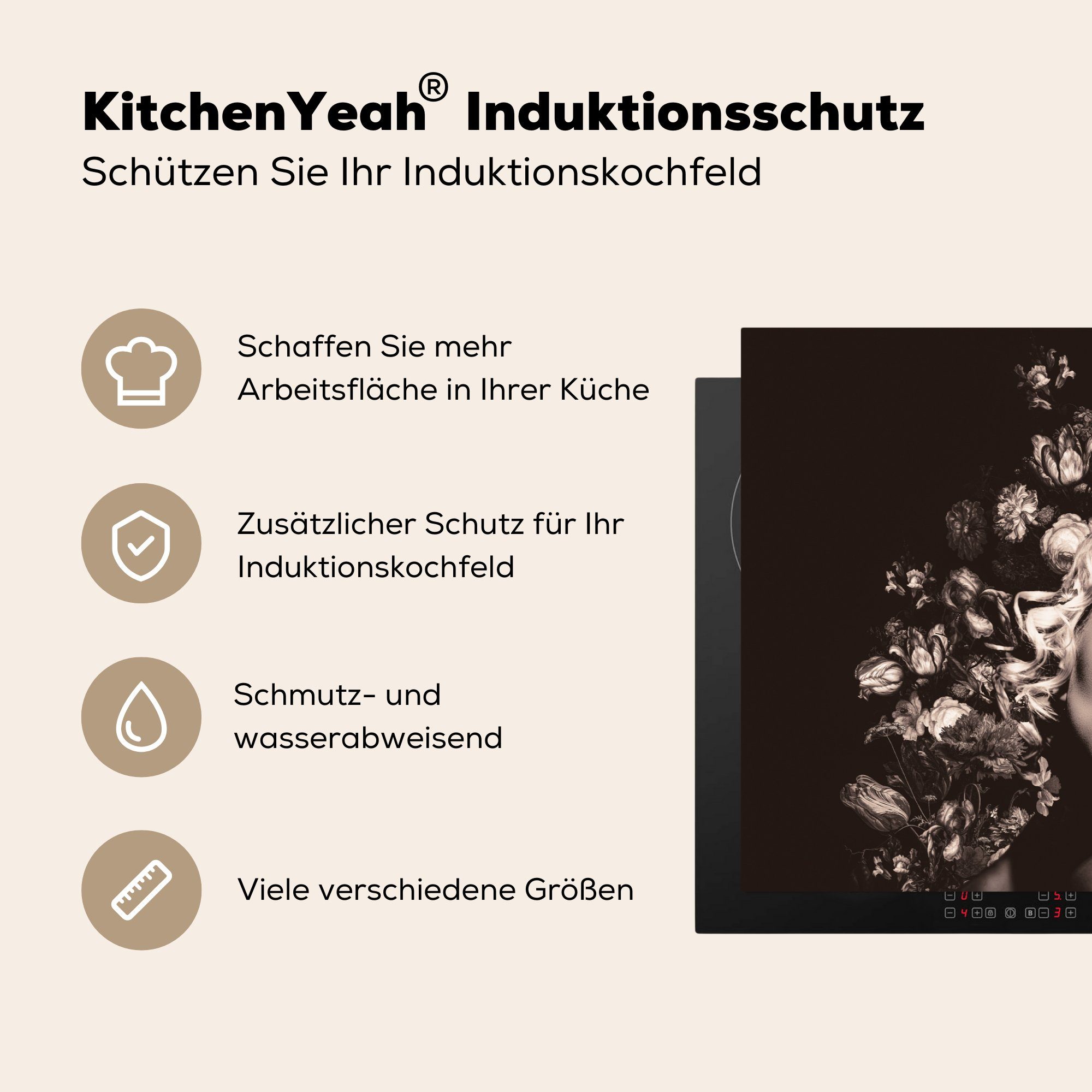 cm, Frau Blume - Schutz Vinyl, MuchoWow 81x52 die - küche, Luxus, Herdblende-/Abdeckplatte Ceranfeldabdeckung für (1 tlg), Induktionskochfeld