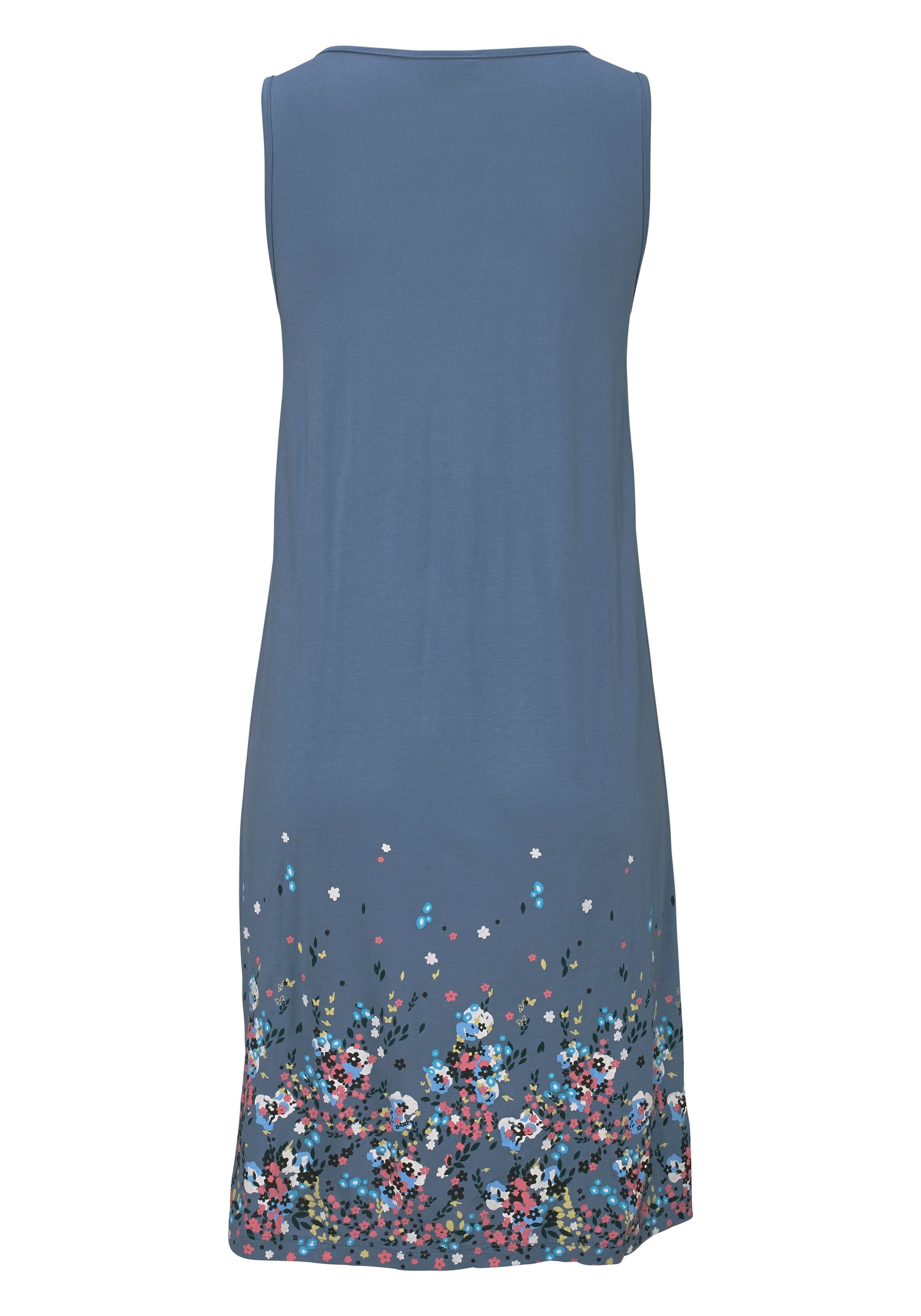 Beachtime by Lascana Strandkleid mit Blumenprint am Saum, lockeres Hängerchenkleid mit Zierfalten Leichtes Sommerkleid aus Viskose, Jerseykleid, A-Linien-Kleid, casual