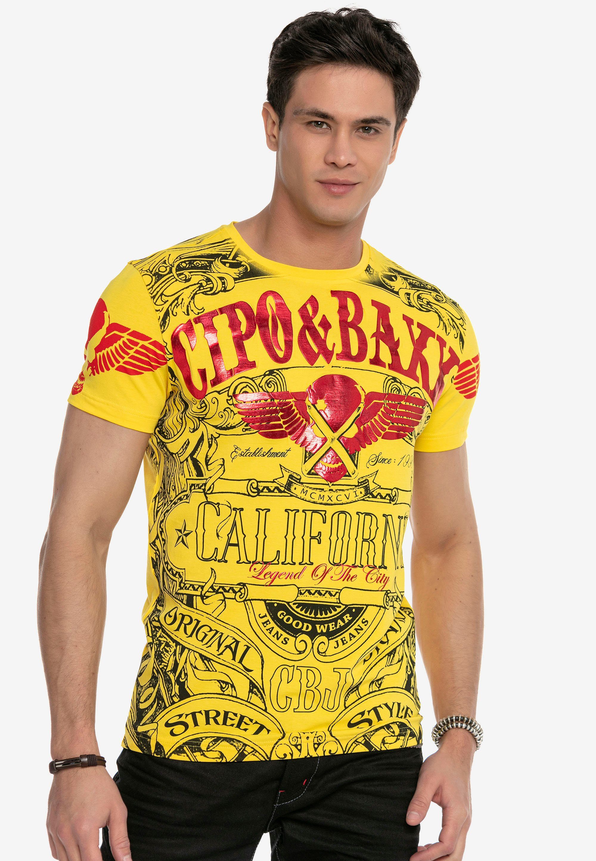 Baxx stylischem T-Shirt & gelb-rot CT656 Markenprint Cipo mit