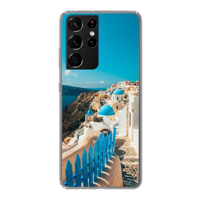 MuchoWow Handyhülle Blauer Bürgersteig in Santorini Griechenland Phone Case Handyhülle Samsung Galaxy S21 Ultra Silikon Schutzhülle