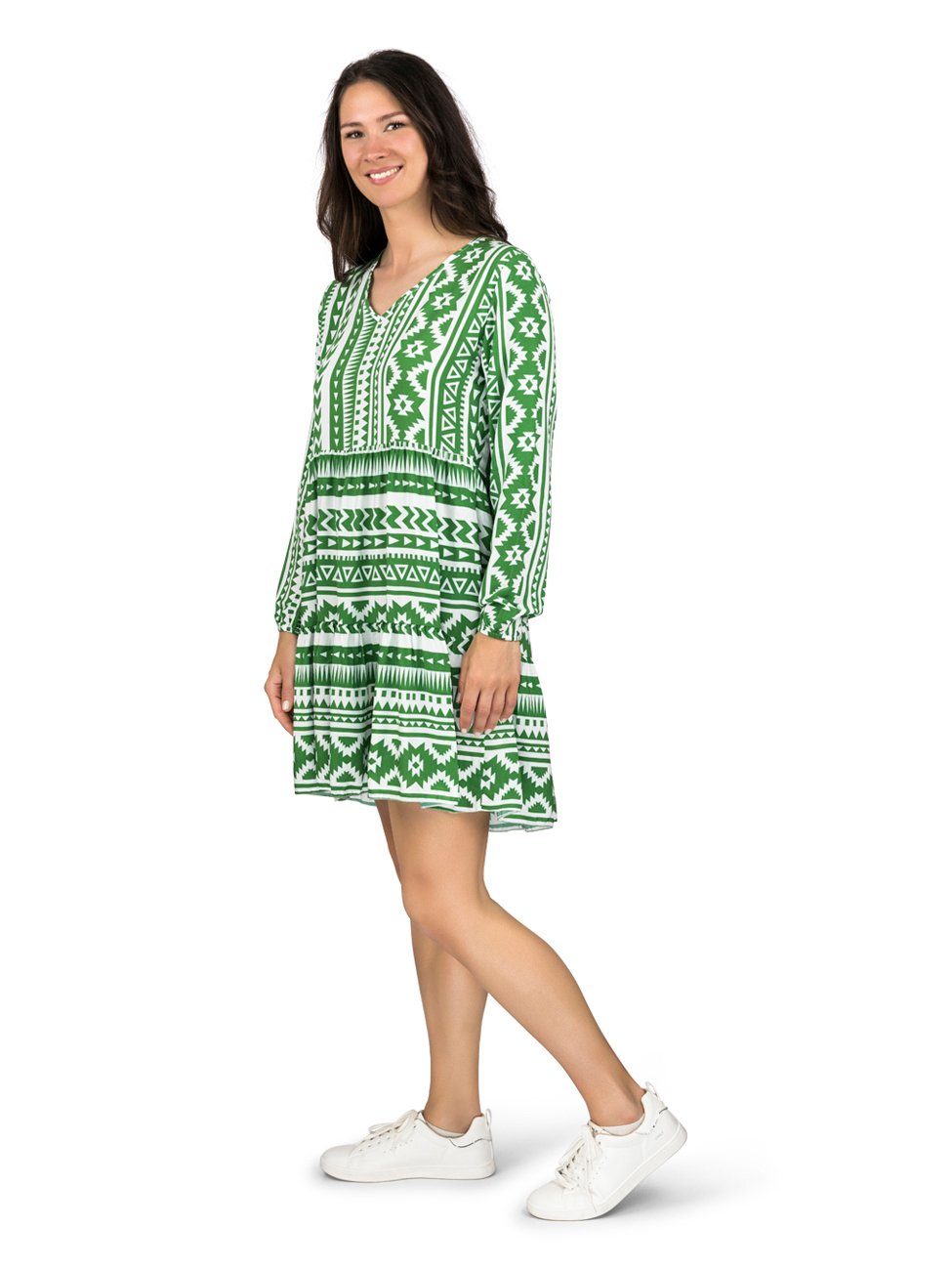 DENIMFY Sommerkleid Damen Kleid DFIda A-Linie langarm Freizeitkleid mit V-Ausschnitt aus 100% Viskose
