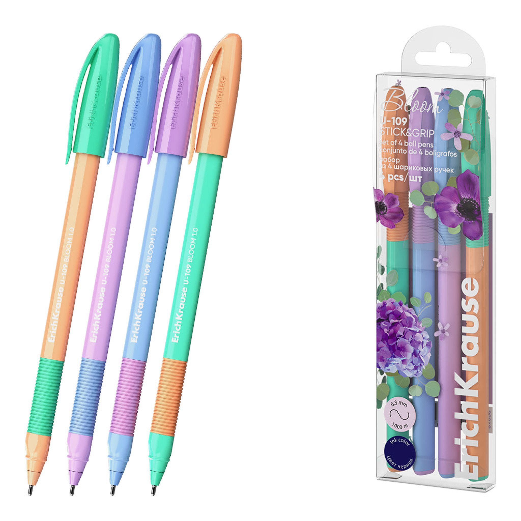 Erich Krause Kugelschreiber, Kugelschreiber U-109 Pastell 0,3mm mit Gummigriff 4er Set Blau