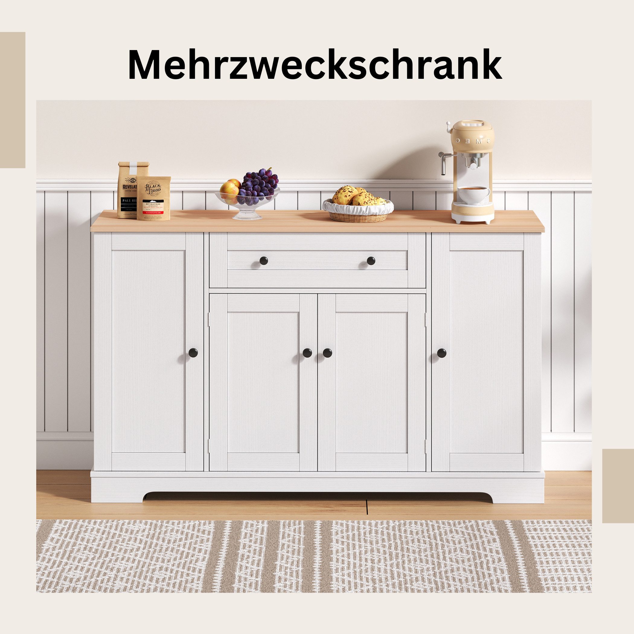SeedWave Anrichte Modern Küchenbuffet Mehrzweckschrank Beistellschrank mit Viel Stauraum, Türregale mit Schutzgeländern, Wandhalterung für Anti-Kipp Funktion
