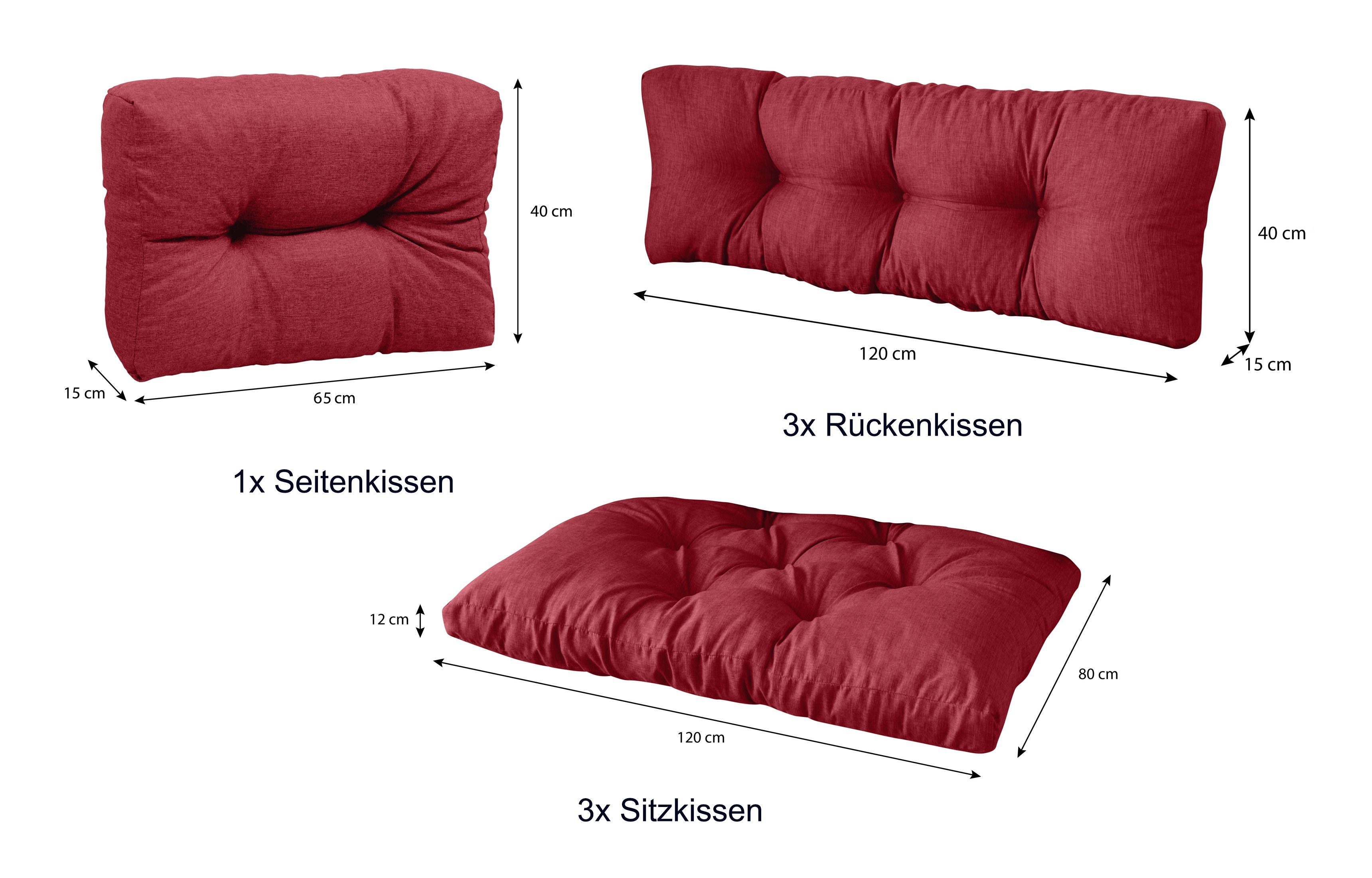1x sunnypillow 80 Rot 3x 3x 120 Palettenkissen palettencouch Set: 7er polsterauflage Sitzkissen + palettenmöbel Rückenkissen Seitenkissen, + x