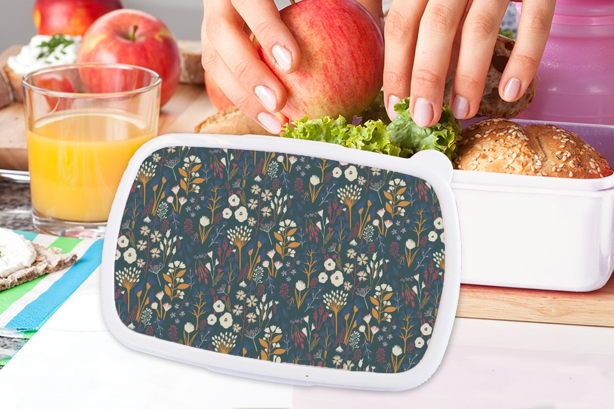 MuchoWow Lunchbox Muster weiß (2-tlg), für Brotbox und Kinder Jungs Mädchen Brotdose, Erwachsene, und Kunststoff, Blumen, für 