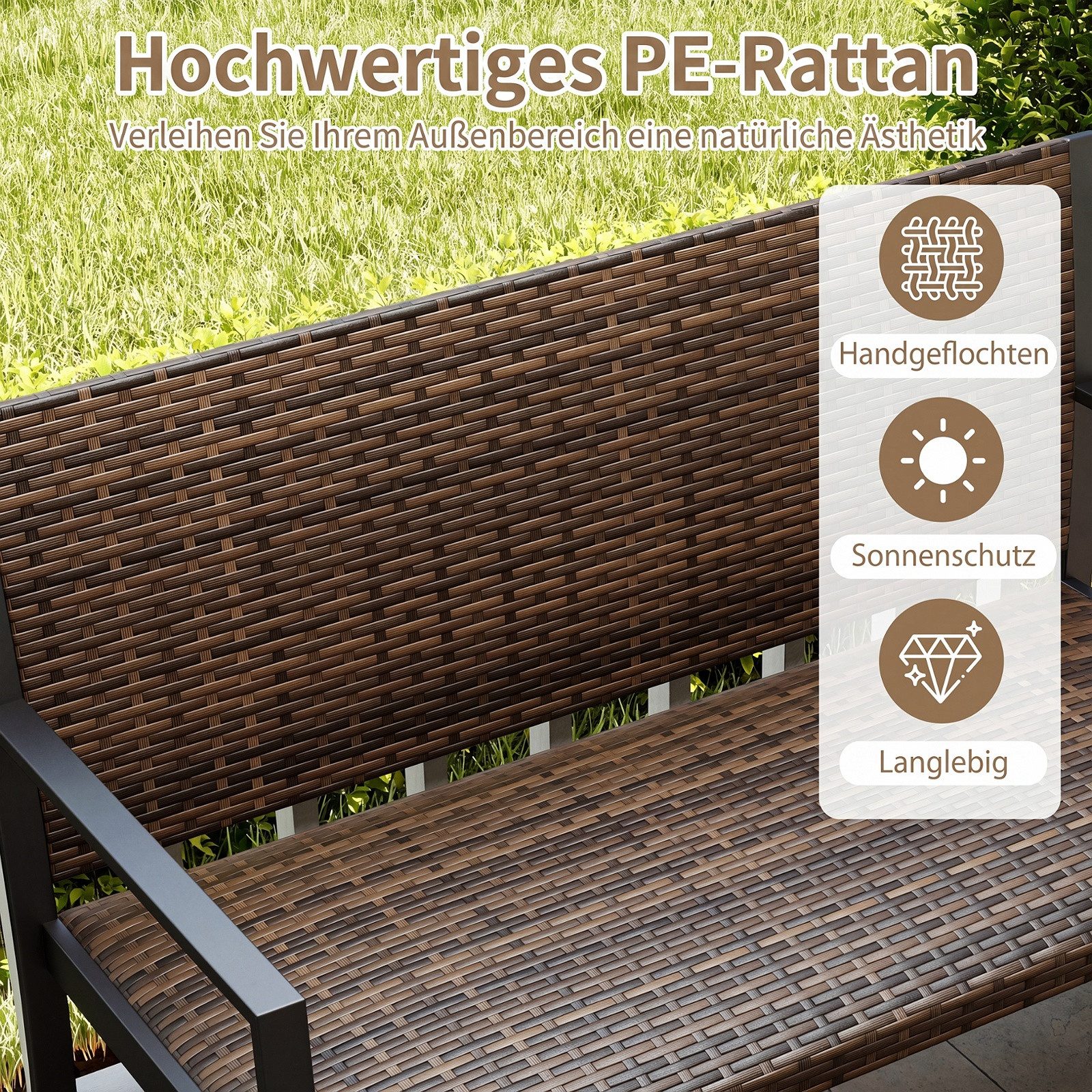 COSTWAY Gartenbank, wetterfest, Polyrattan Sitzbank mit gepolsterter Sitz 360kg