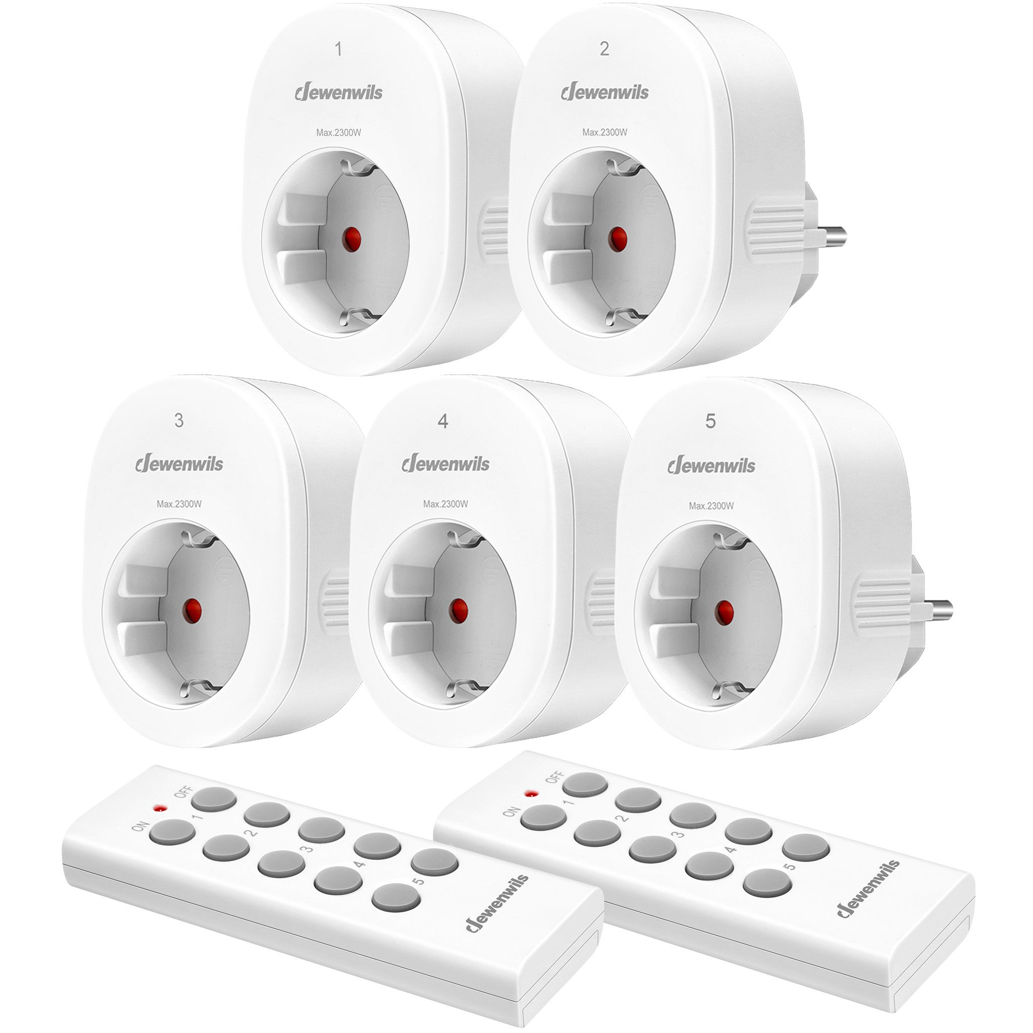DEWENWILS Funksteckdose mit Fernbedienung innen, max. 2300 W, 5-St., 5 Steckdosen + 2 Fernbedienungen, 30M Reichweite, Funksteckdosen-Set