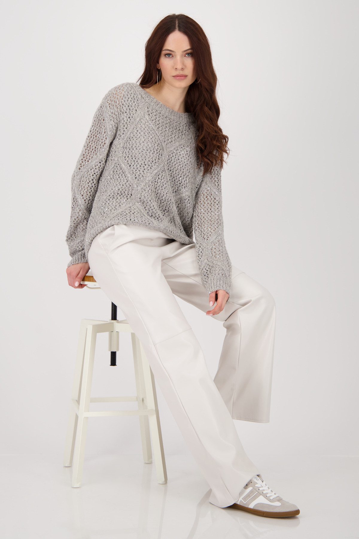 Monari Strickpullover Pullover Ajour Paillette Mit Rundhalsausschnitt