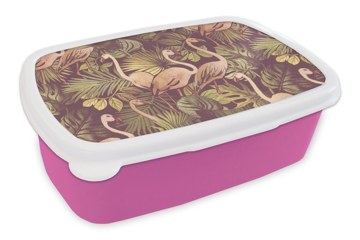 MuchoWow Lunchbox Vintage - Flamingo - Blätter - Dschungel - Muster, Kunststoff, (2-tlg), Brotbox für Erwachsene, Brotdose Kinder, Snackbox, Mädchen, Kunststoff rosa