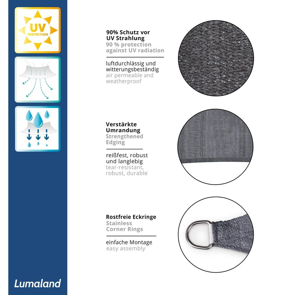 Lumaland Sonnensegel Sonnensegel 4 x 4 m Quadrat, Wetterbeständig 100% HDPE mit Stabilisator für UV Schutz – Bild 4 von 5
