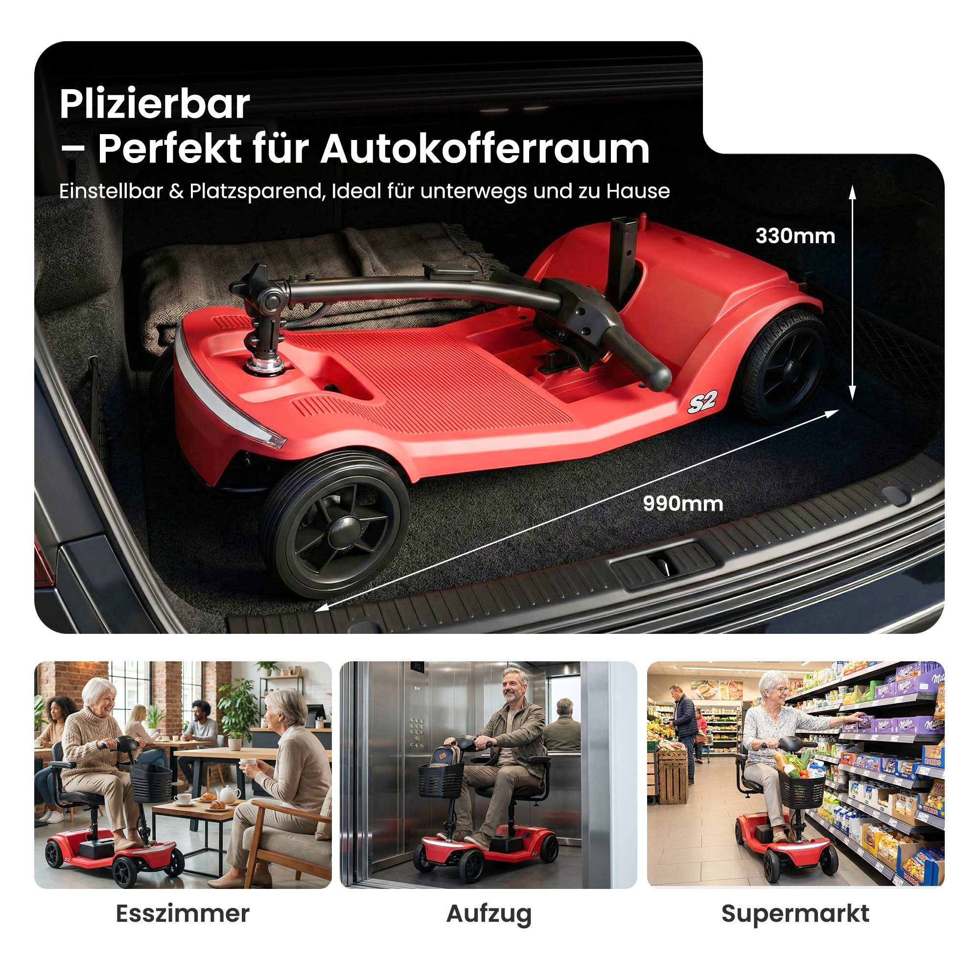 LVHOM Elektromobil faltbar Seniorenmobil, 4-Rad-Elektroroller, Rw. 25km, 12Ah, 250 W, 6 km/h, (abnehmbar Blei-Säure-Ionen Batterie + Handy-Ladeanschluss + vorderer Aufbewahrungskorb + abnehmbar/atmungsaktiv/höhenverstellbarer Sitz + verstellbarer Lenker + XXL-Fußraum), 136 kg Tr.Kr. Gesamtgewicht: 37kg