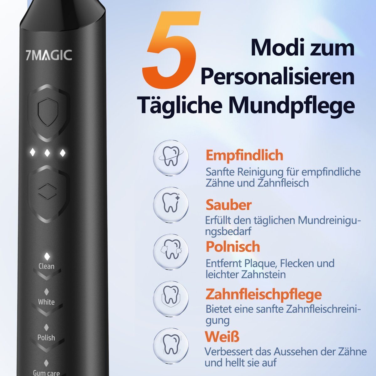 MCURO Schallzahnbürste Elektrische Zahnbürste mit Schalltechnologie 40000VPM UIltraschall, Aufsteckbürsten: 6 St., für Erwachsene und Kinder, 5 Zahnputz-Modi,Putzdauer-Erinnerung, Wasserdicht