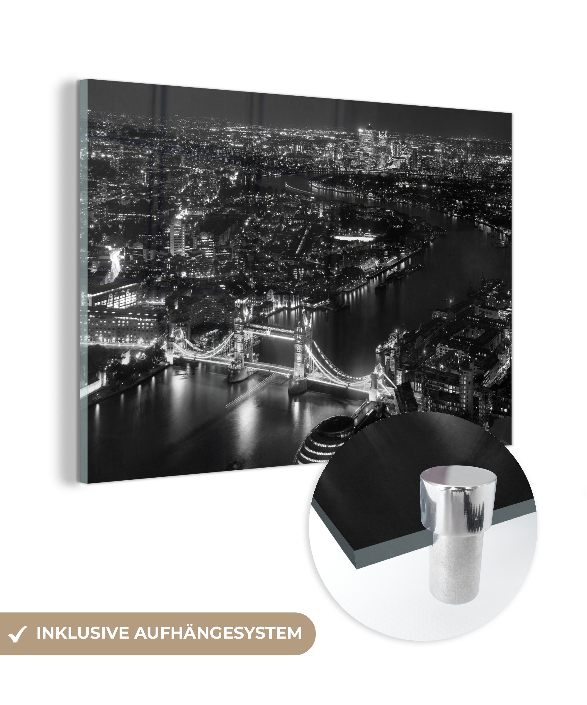 MuchoWow Acrylglasbild Luftaufnahme von -, Wohnzimmer Acrylglasbilder mitten (1 London in mit Bridge Nacht St), der Tower & Schlafzimmer