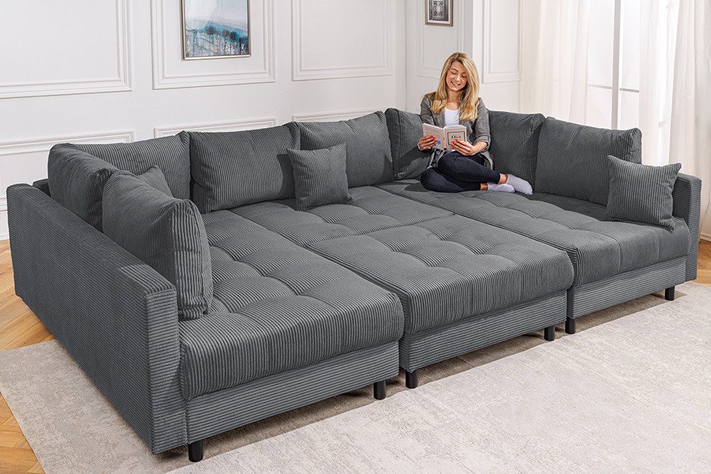 riess-ambiente Wohnlandschaft KENT 305cm anthrazit/schwarz - inkl. Hocker, U-Form, FSC-zertifiziert, Einzelartikel 1 Teile, Ecksofa · Wohnzimmer · mit Federkern · Cord-Bezug · Modern Design