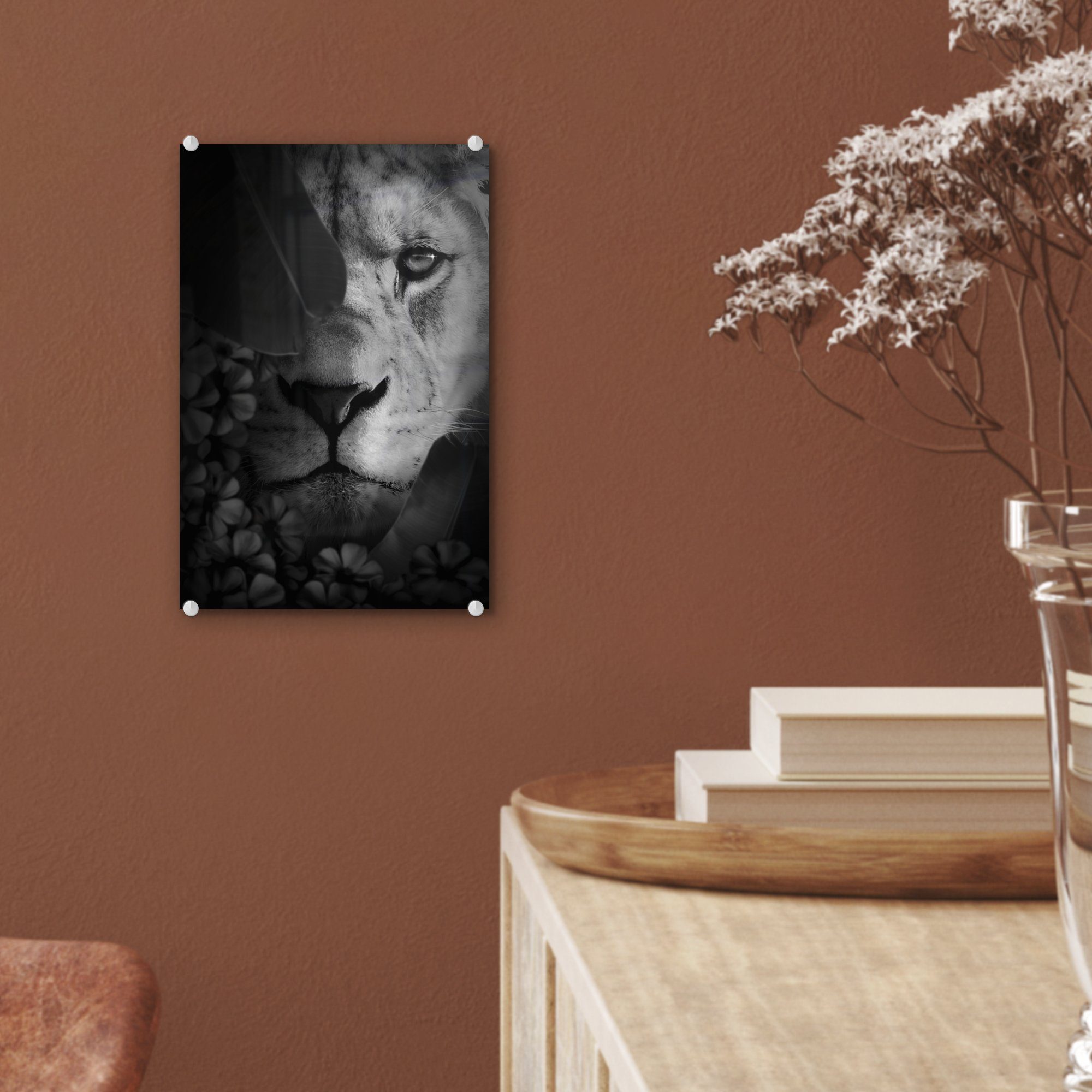 Löwen im eines Acrylglasbild Nahaufnahme - Glas Glasbilder bunt Wanddekoration weiß, auf Foto Glas Bilder Dschungel MuchoWow und St), Wandbild - - (1 auf - schwarz