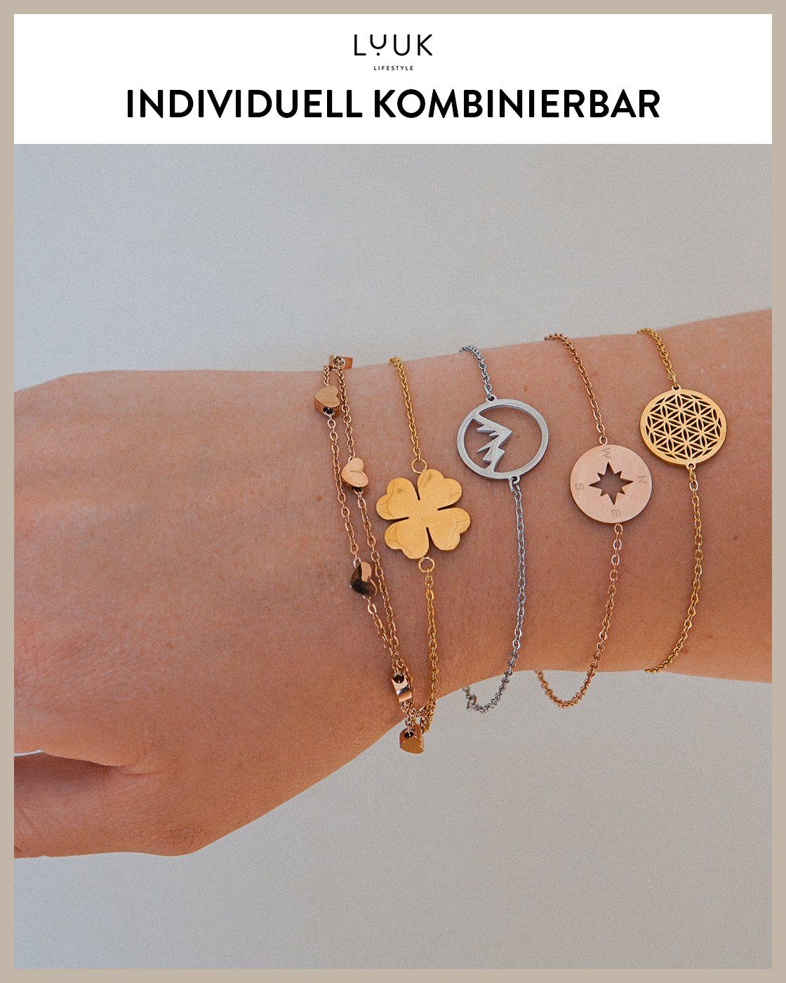 Spruchkarte Happiness Edelstahlarmband LIFESTYLE Mandala, LUUK mit Roségold