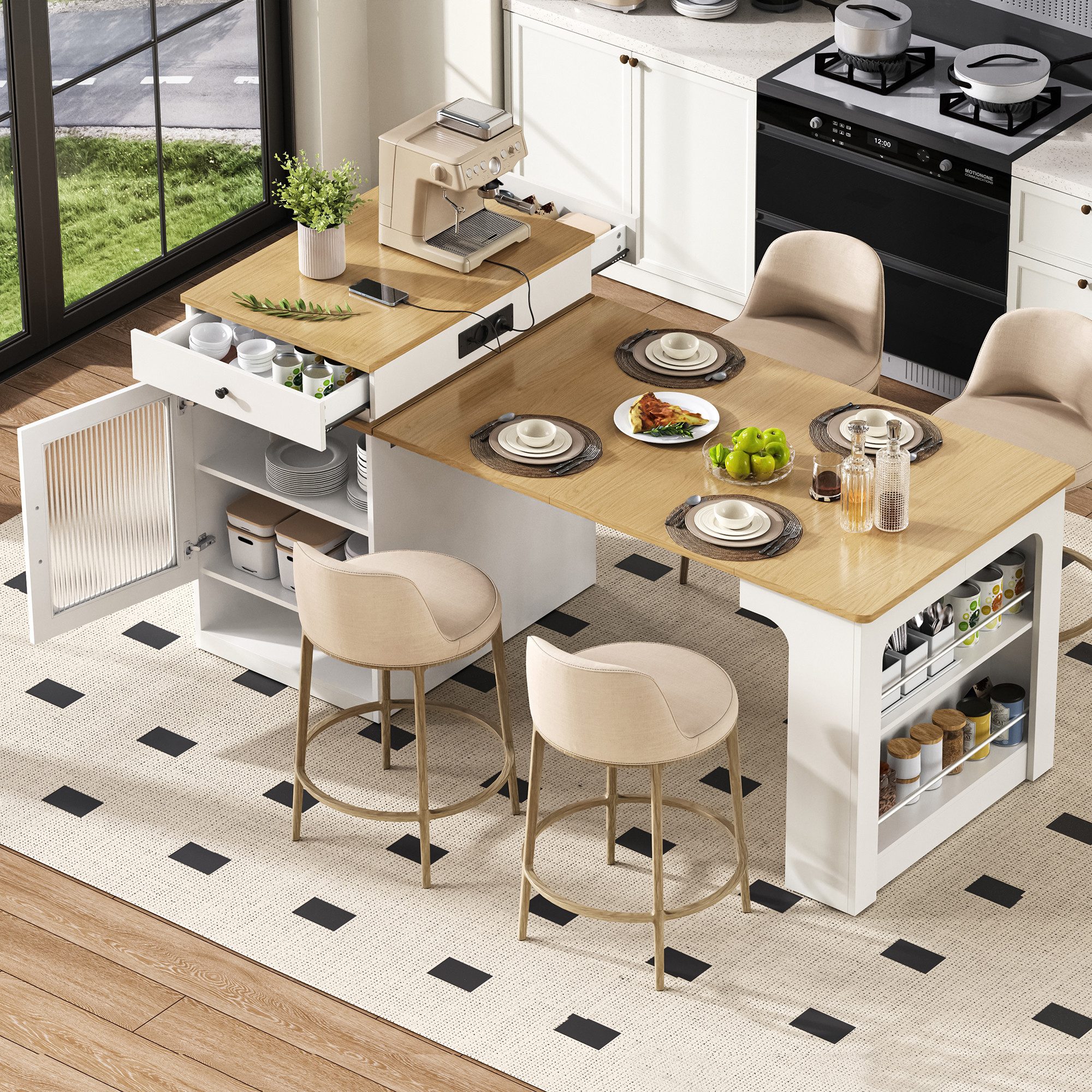 OUTMAX Kücheninsel mit Rollen, Ausziehbarer, mit Steckdosenleisten, (Set), 80 ×71~111~151 ×92 cm (L×W×H)