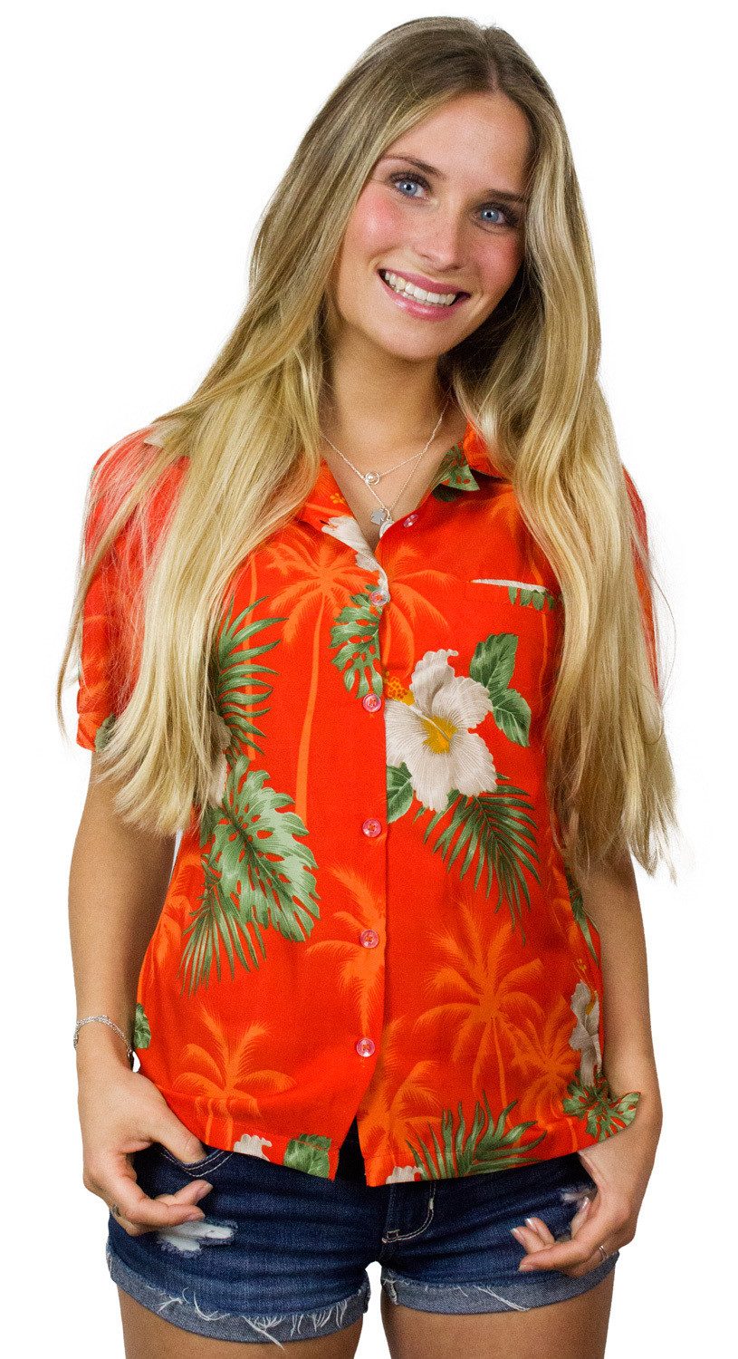 King Kameha Hawaiihemd Small Flower Funky Hawaiibluse Damen Kurzarm Front-Tasche Stylish