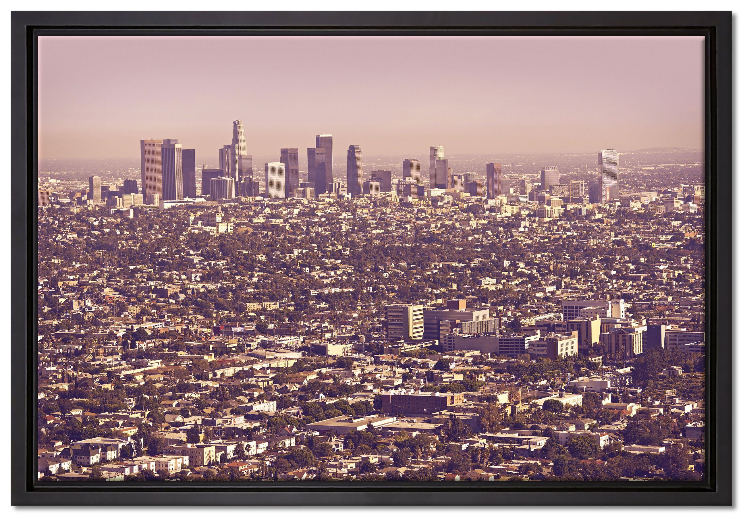 Pixxprint Leinwandbild Skyline von Los Angeles, Wanddekoration (1 St), Leinwandbild fertig bespannt, in einem Schattenfugen-Bilderrahmen gefasst, inkl. Zackenaufhänger