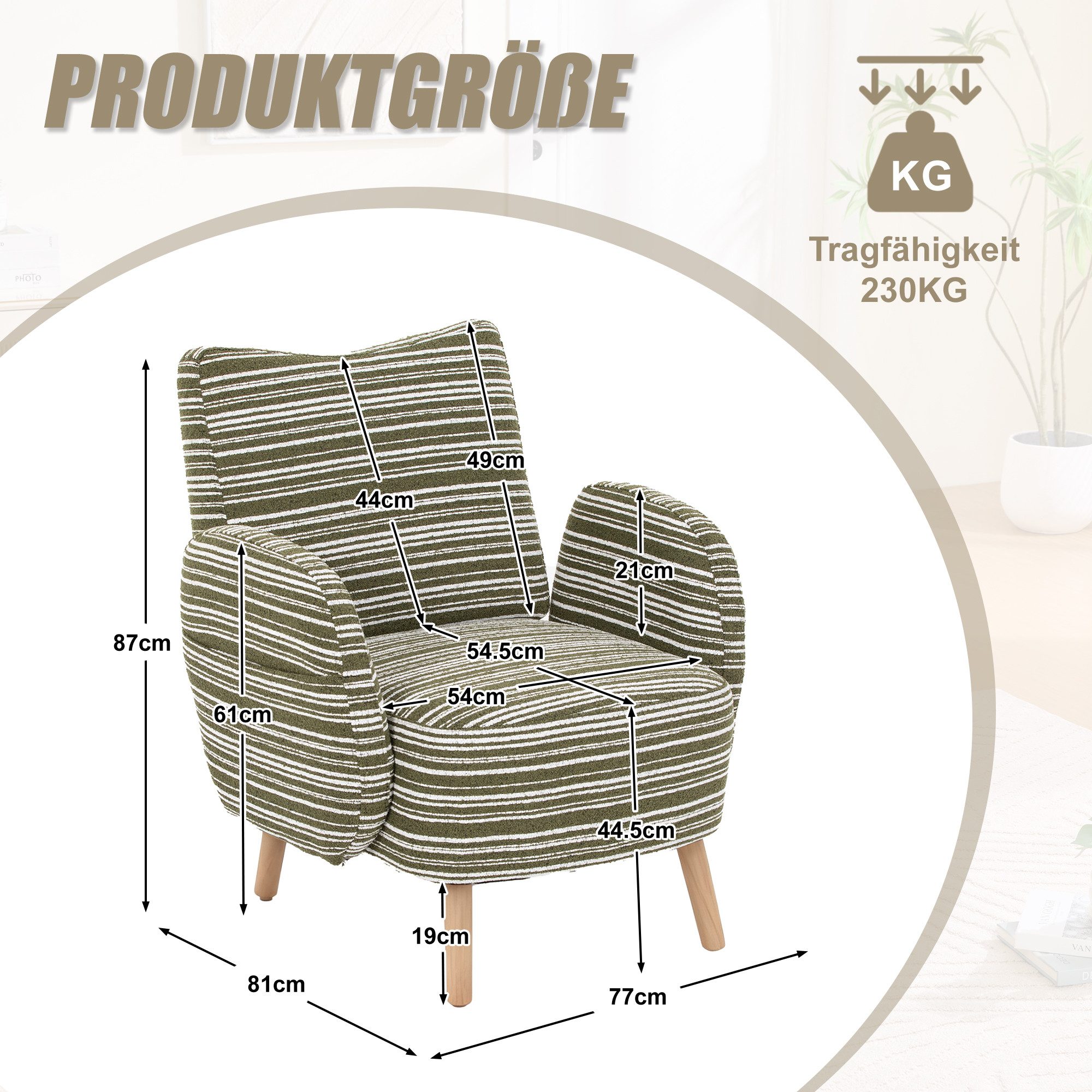 Odikalo XXL-Sessel Moderner Sessel bequemer Lesesessel (Sessel mit seitlicher Tasche, Stoff mit Kreismuster, Beine aus Massivholz, Wohnzimmer, Schlafzimmer, Büro)