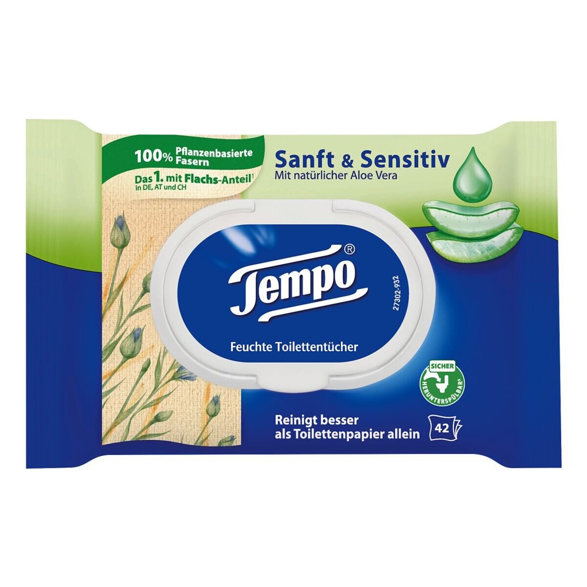 TEMPO feuchtes Toilettenpapier Sanft & Sensitiv, mit Aloe Vera Duft, 1-lagig, 42 Blatt