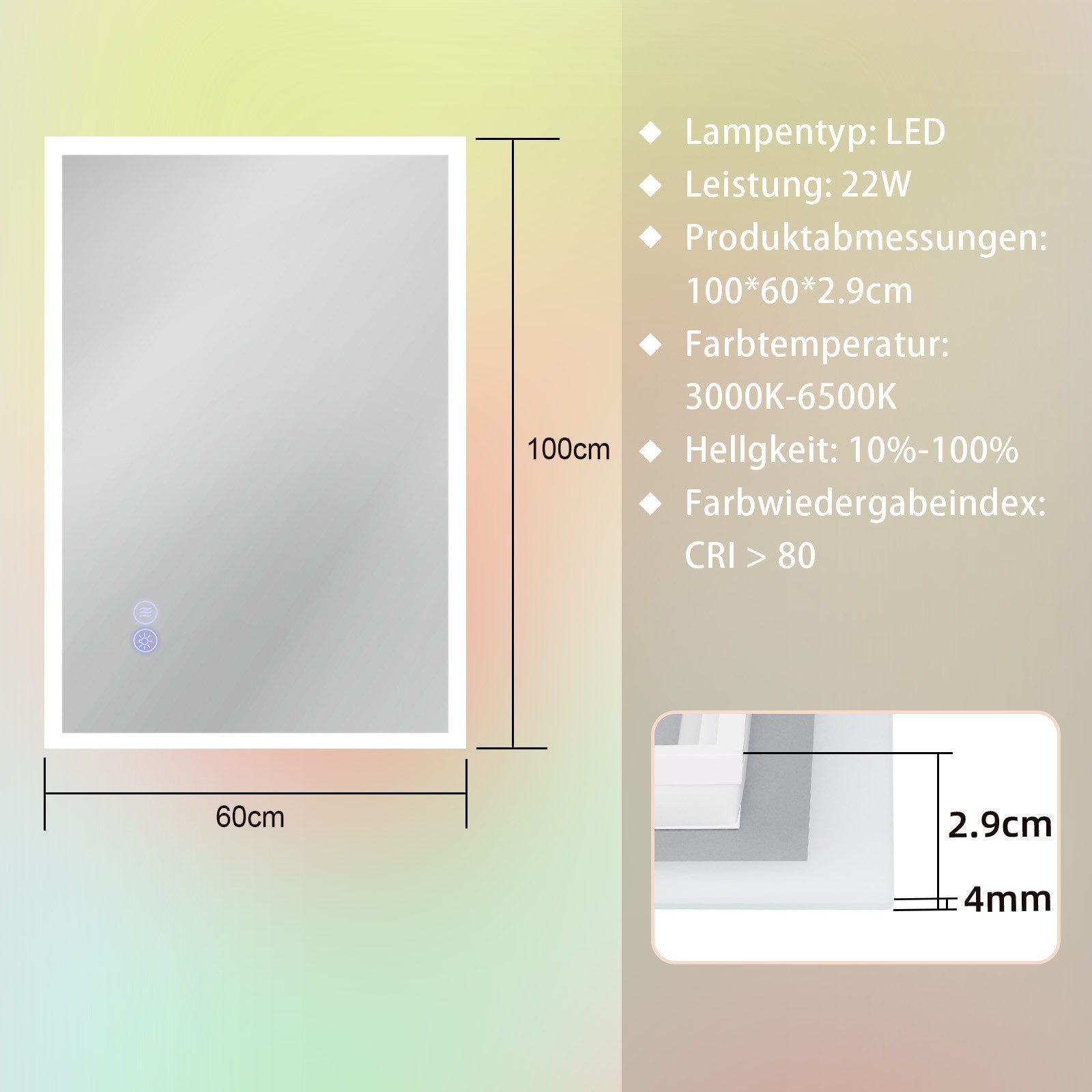Nettlife Badspiegel spiegel mit Beleuchtung Rund 60cm, zimmerspiegel mit Touch-Schalter und Entfogger-Funktion – Bild 5 von 5