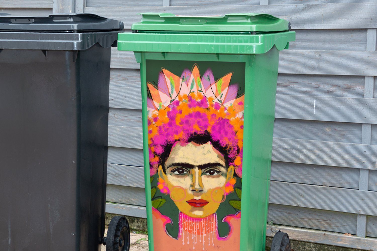 MuchoWow Wandsticker Farben Porträt (1 Sticker, St), - Mülltonne, - - Abfalbehälter Mülleimer-aufkleber, Frau Rosa Container
