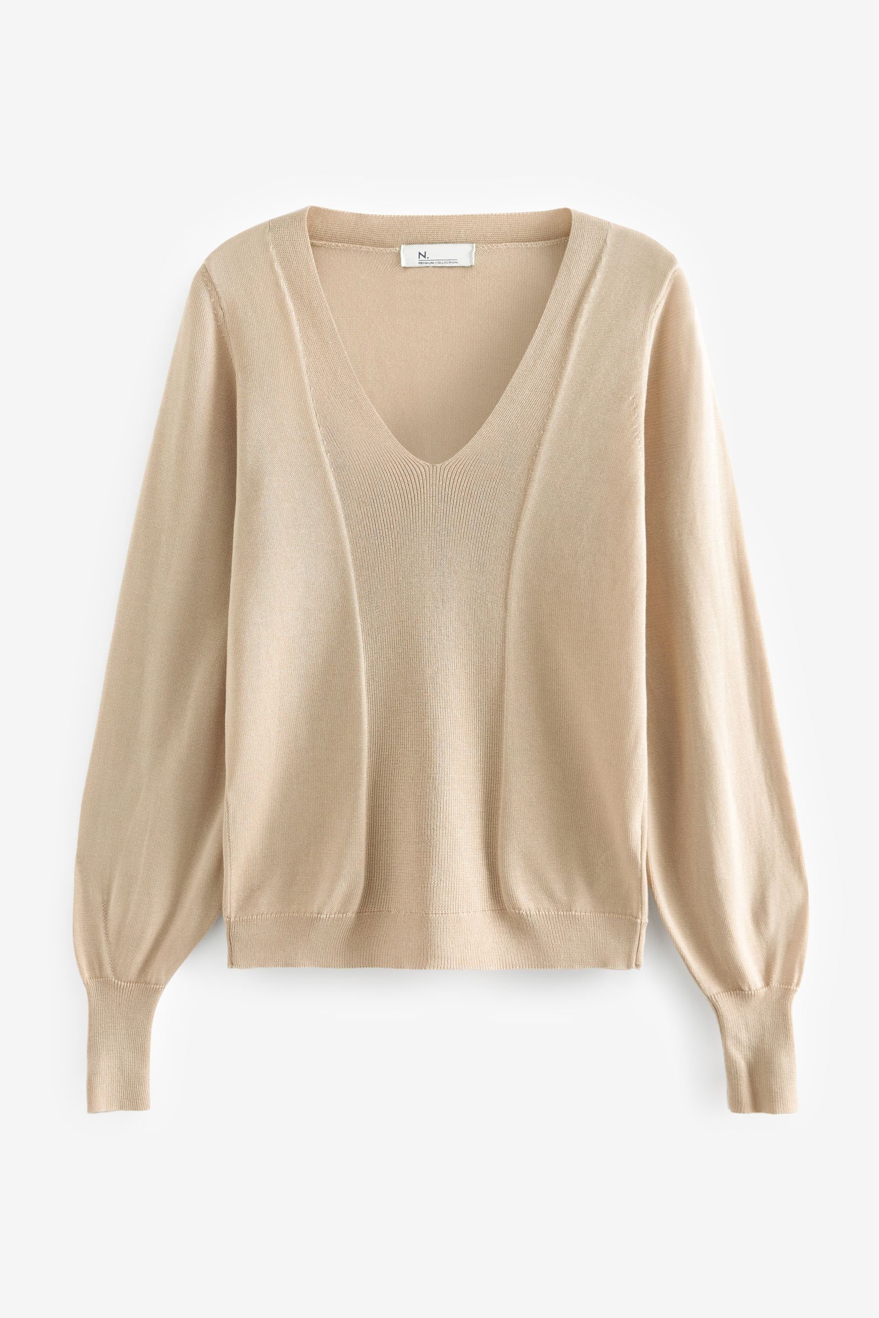 Lyocell Champagne Premium-Pullover tiefem mit Next Gold V-Ausschnitt-Pullover (1-tlg) V-Ausschnitt