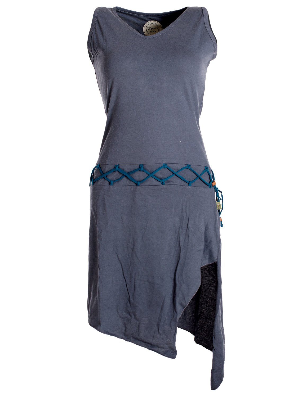 Vishes Sommerkleid Ärmelloses Kleid Boho, grau Elfen Gürtel-Schnürung Style Beinausschnitt Goa Hippie, asymmetrisch