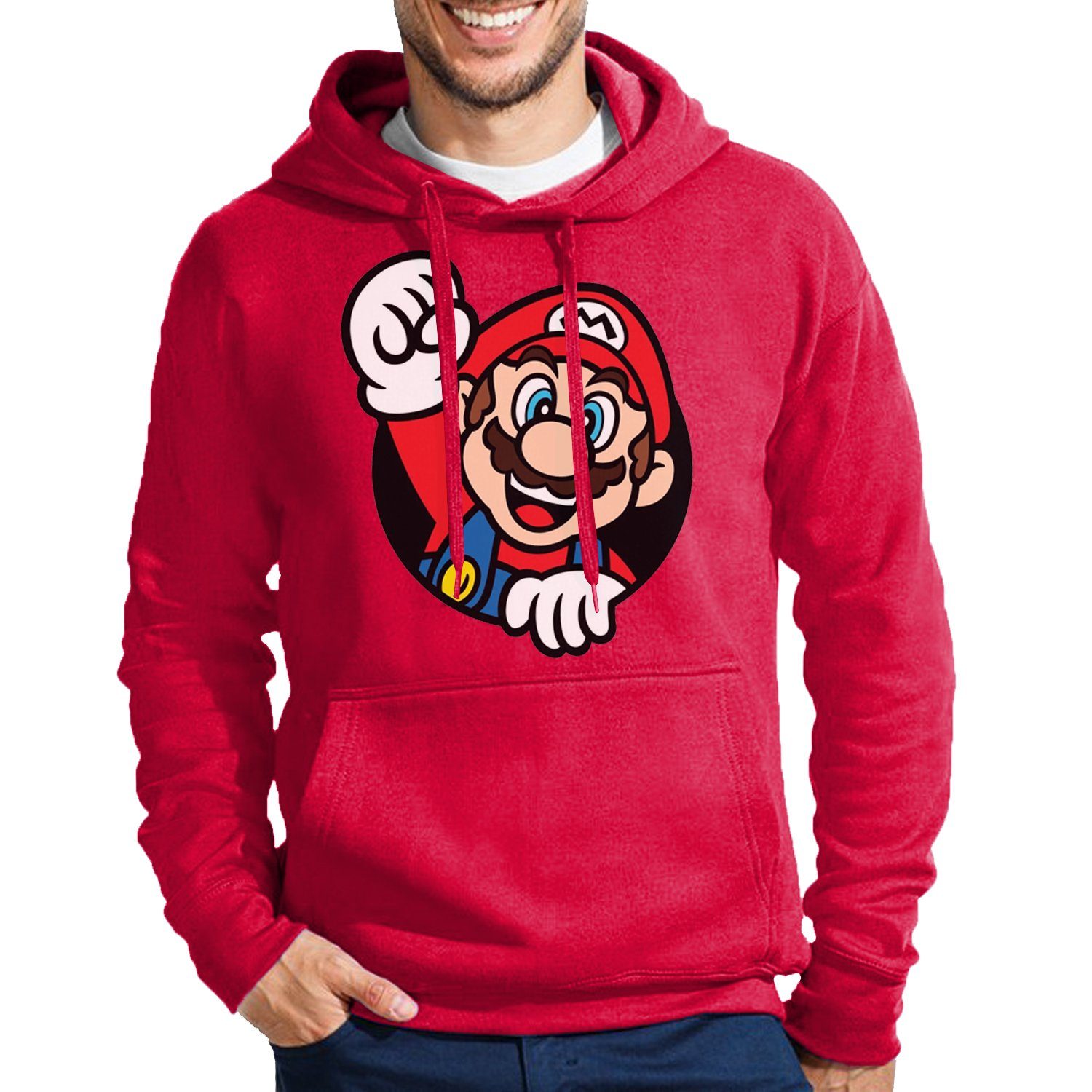 Blondie & Brownie Herren Super Rot Konsole mit Mario Nintendo Kapuze Spiel Faust Nerd Gaming Hoodie