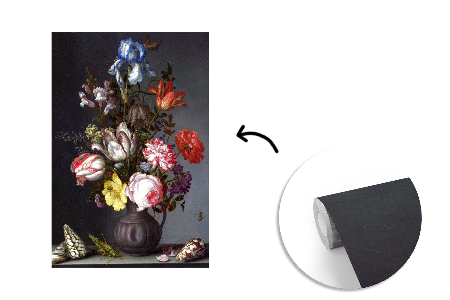 MuchoWow Fototapete der Montagefertig St), und Vinyl Vase Balthasar Muscheln (3 van - Blumen in bedruckt, für Ast, Insekten einer mit Wandtapete Tapete Wohnzimmer, Matt
