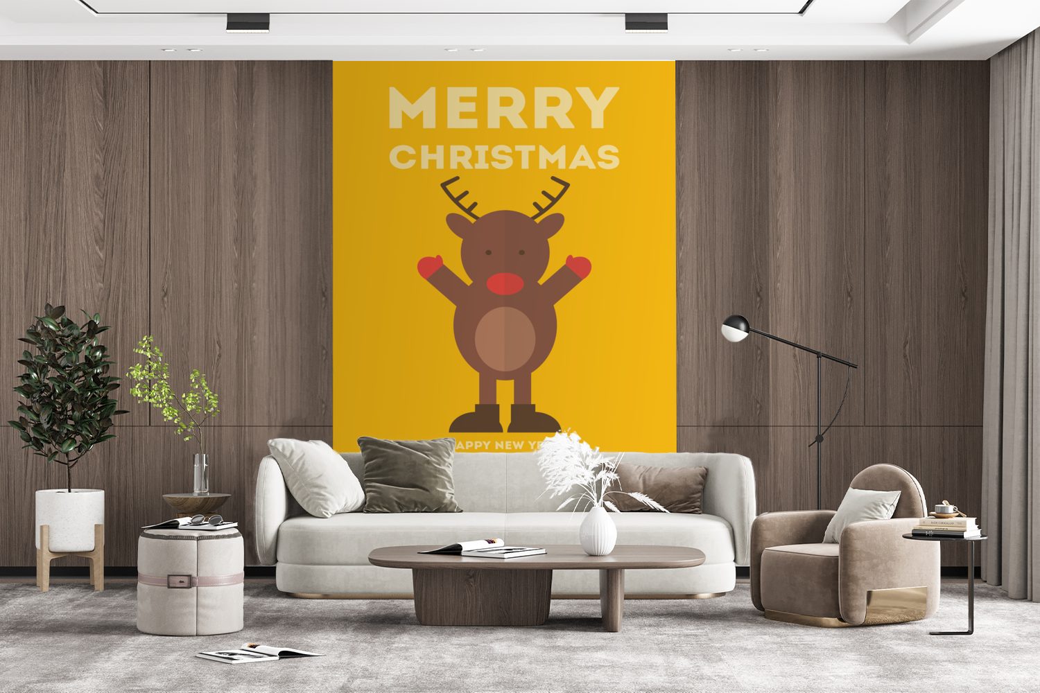 bedruckt, - Rentier Weihnachten Tapete Montagefertig für - -, MuchoWow Frohe Weihnachten Matt, Wohnzimmer, Vinyl Zitate - Illustration - (3 St), Fototapete Wandtapete