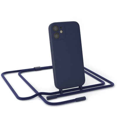 EAZY CASE Handykette Runde Kette für Apple iPhone 12 Mini 5,4 Zoll, Handytasche durchsichtige Silikon Hülle mit breitem Umhängeband Blau