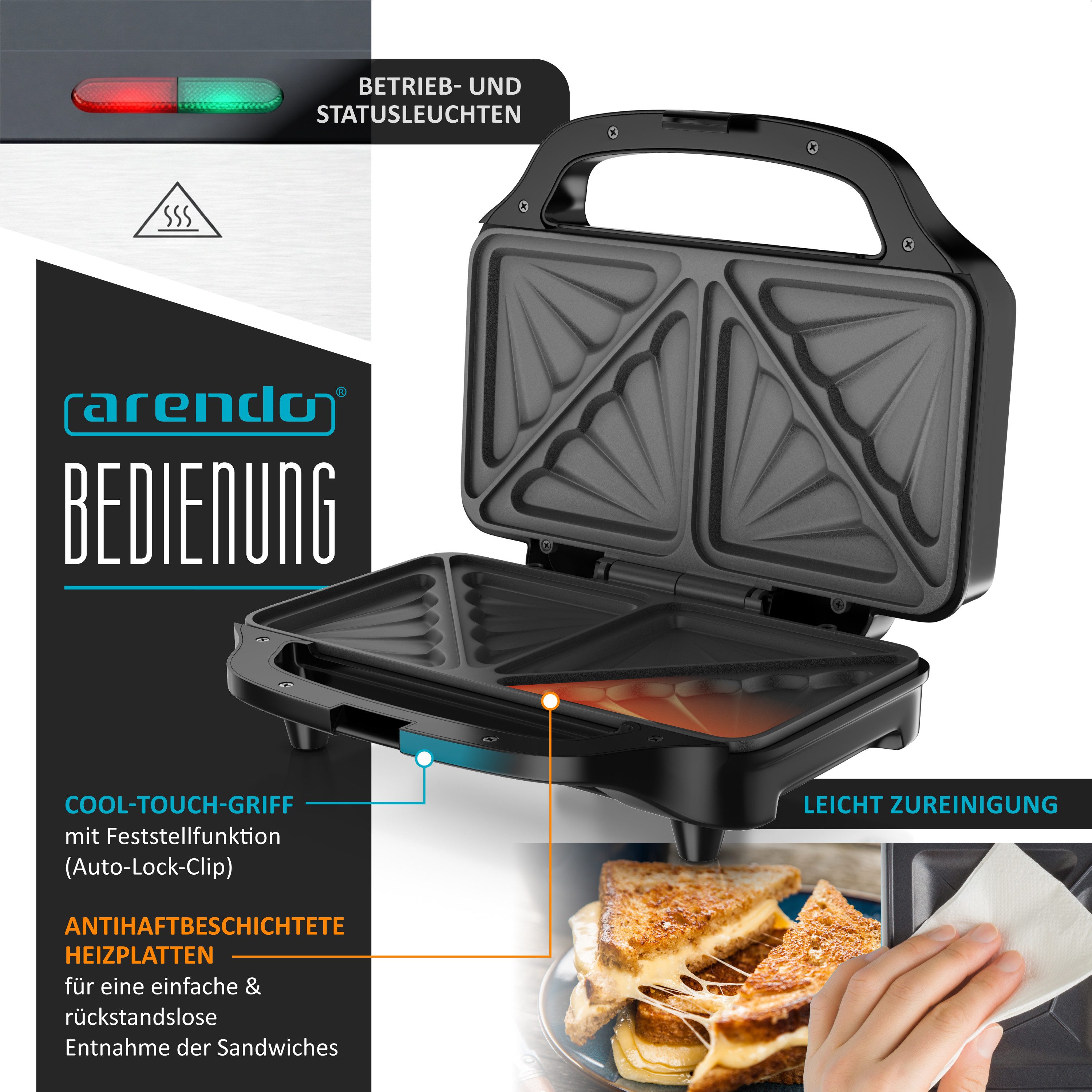Arendo 3-in-1-Sandwichmaker Sandwichtoaster, 900 W, Antihaftbeschichtet, Schnellaufheizung, 900 W, automatische Temperaturregelung, 900 W, Edelstahl-Applikation
