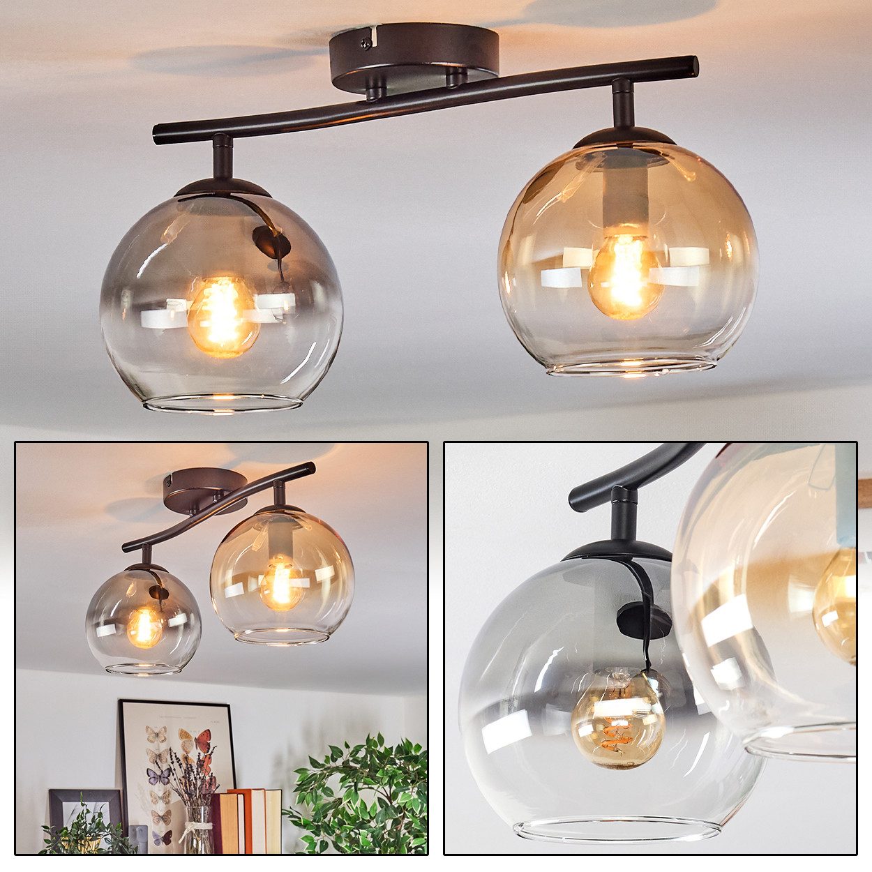 hofstein Deckenleuchte Deckenlampe aus Metall/Glas in Schwarz/Bernstein/Rauch/Klar, Deckenleuchte im Retro/Vintage-Design (Schirme Ø 15 cm), 2 x E14