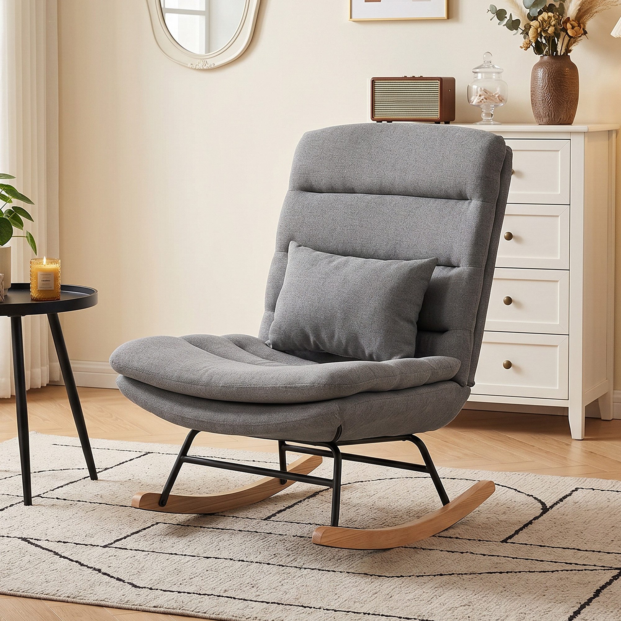 OKWISH Relaxsessel Schaukelstuhl Leinenoptik, Schaukelstuhl mit hoher Rückenlehne (1-St., Hellgrau 72x92x102cm, bequemer Relaxstuhl für Wohnzimmer), Lendenkissen integriert, breite Sitzfläche, doppelte Polsterung