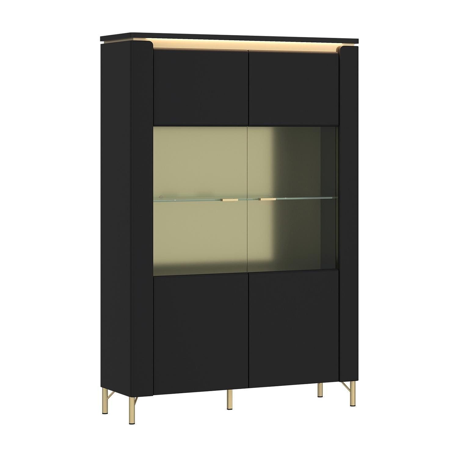 Highboard NORICA, 2 Glastüren, Goldgelb, Schwarz, Soft-Close, ohne Beleuchtung, B 110 x H 169 x T 40 cm