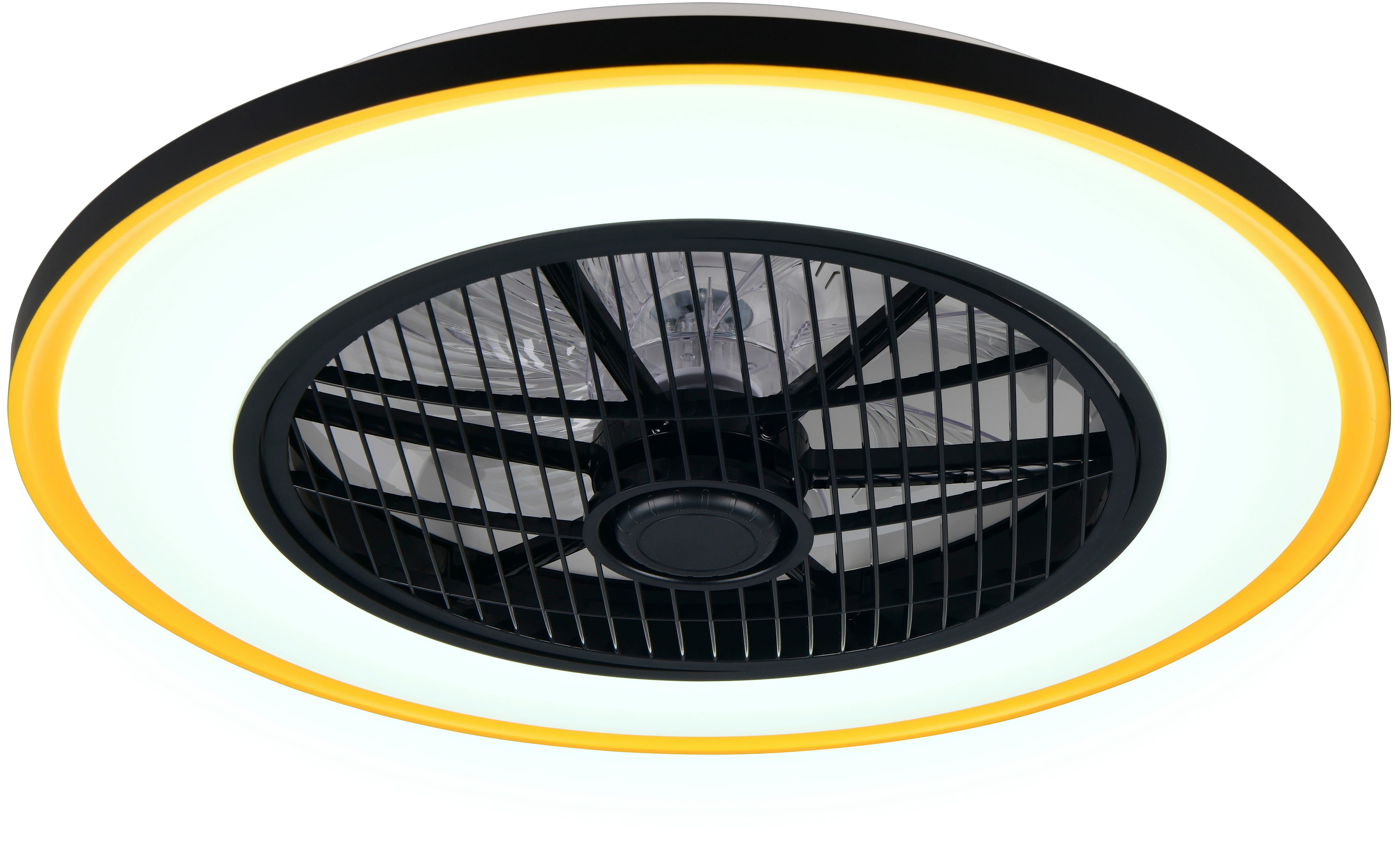 Reality Leuchten LED Deckenleuchte VARPULA mit Ventilator, oszillierender Deckenventilator +Licht 28W LED, CCT - über Fernbedienung, Dimmfunktion, Memoryfunktion, Timerfunktion, Ventilatorfunktion, getrennt schaltbar, mehrere Helligkeitsstufen, LED fest integriert, Farbwechsler, warmweiß - kaltweiß, 6 Stufen Ventilator, CCT LED dimmbar Fernbedienung Schirm schwarz-gold