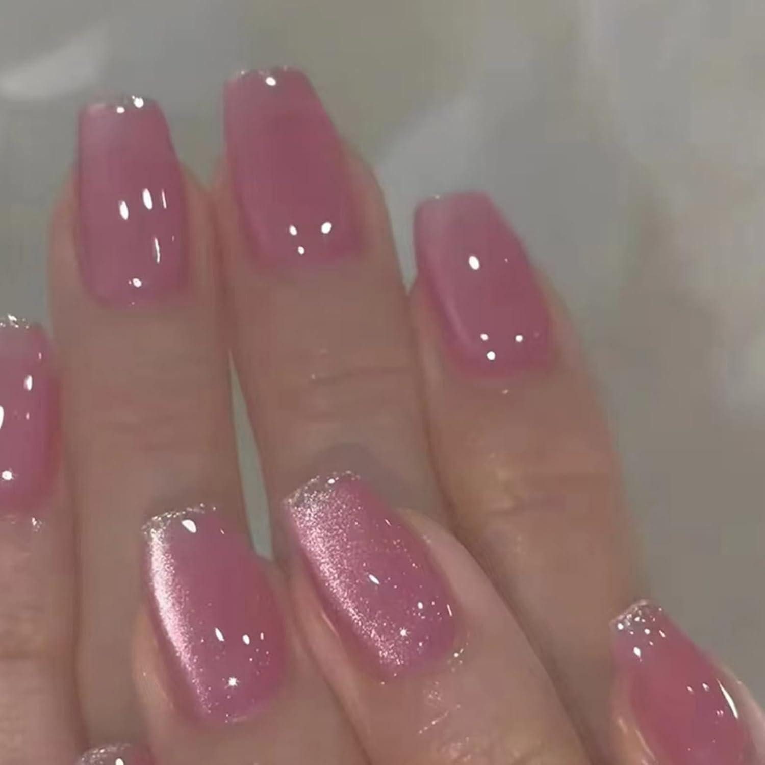 LuxusKollektion Kunstfingernägel Kunstnägel Selbstklebend FullCover Eckig Mittel 24 Rosa Katzenauge