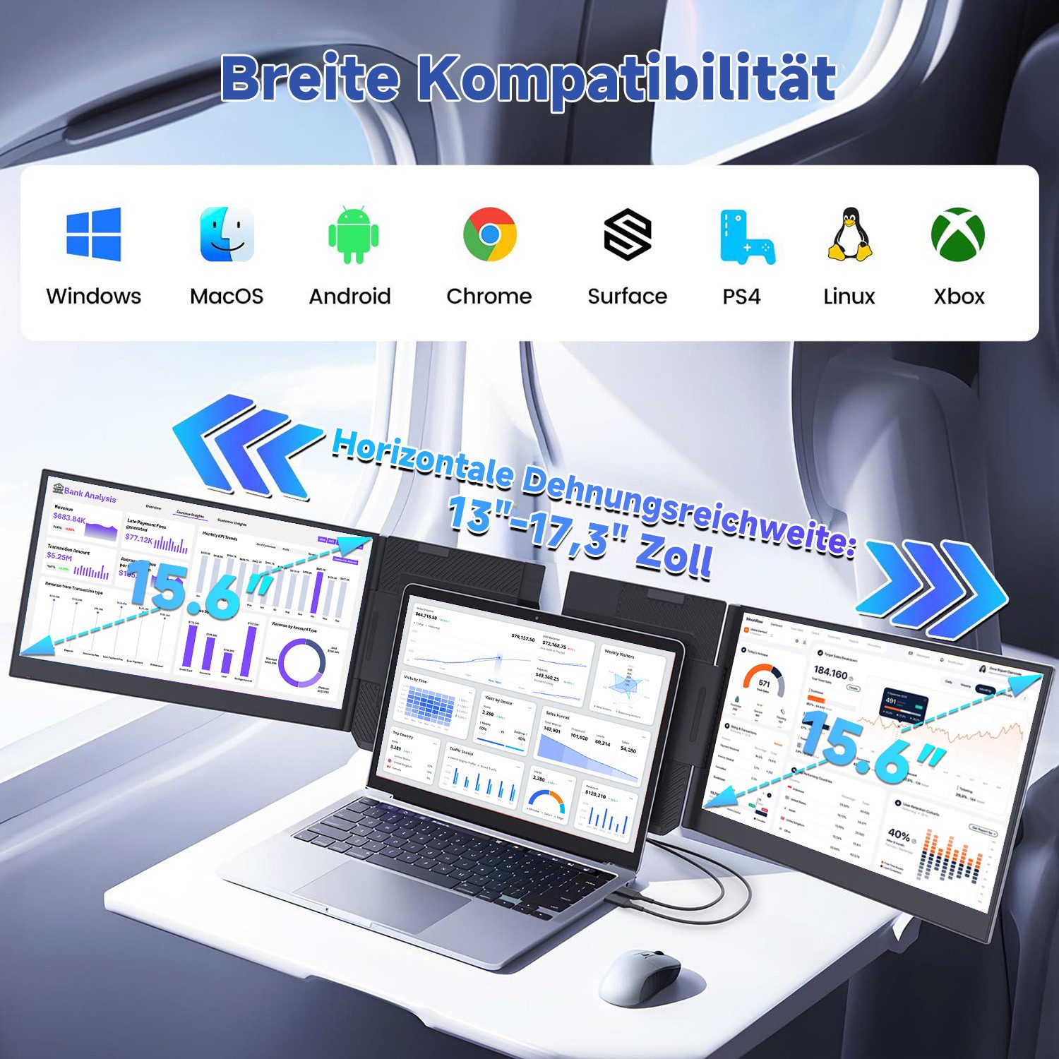 KEFEYA Dual-Screen-Laptop-Bildschirm-Extender Portabler Monitor (40 cm/15.6 ", 1920 * 1080 px, Full HD, 60 Hz, HDR, für 13–17,3 Zoll, kompatibel mit Windows, Android & Chrome)